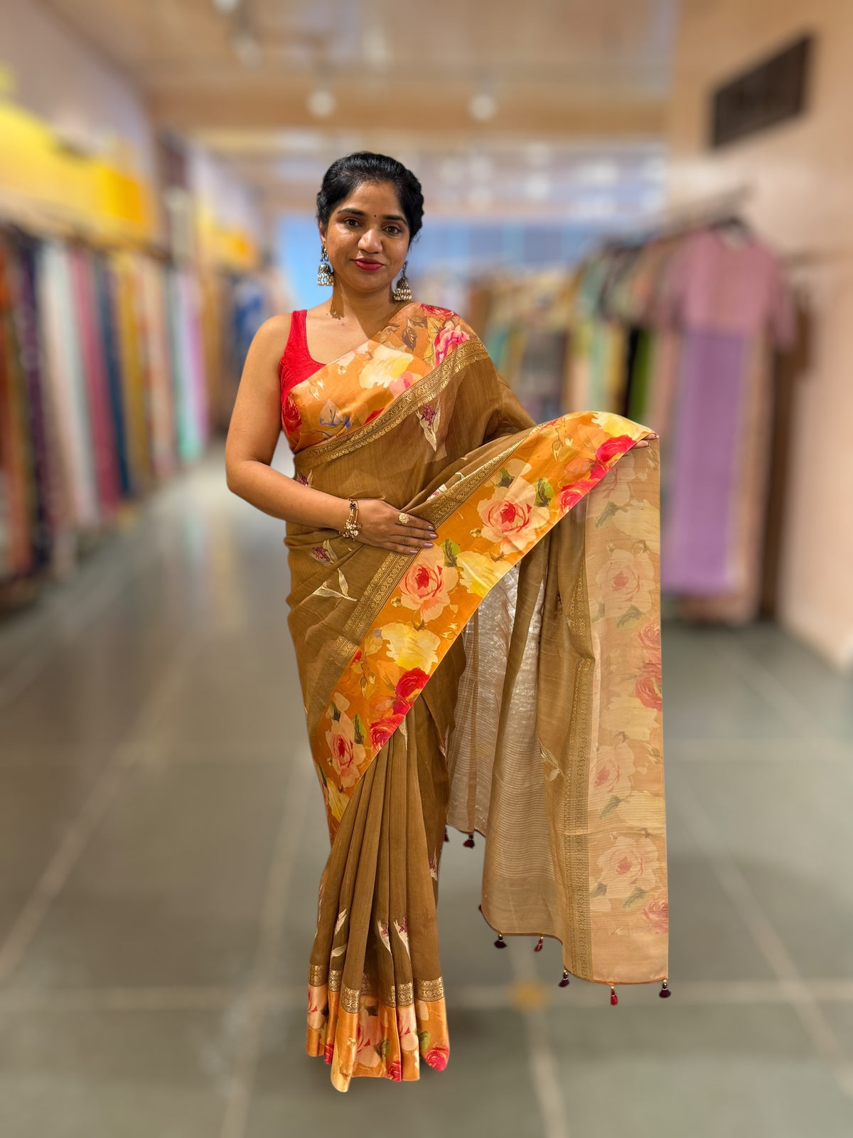 Light Brown Tussar Dhupion Saree with Floral printed mashru borders