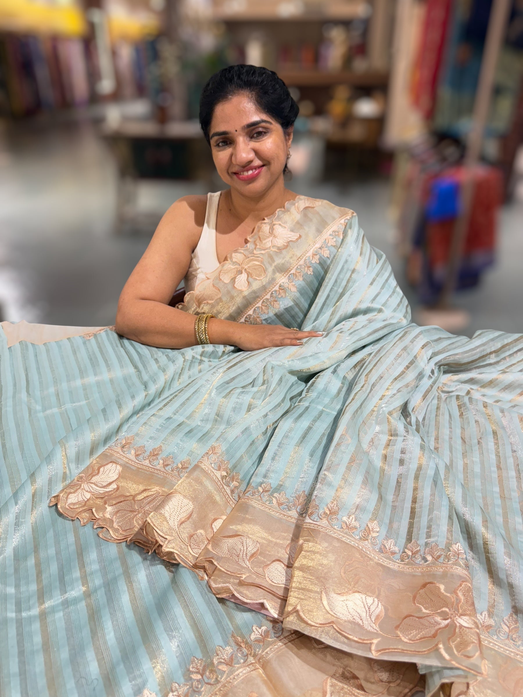 Pastel blue Mul Tissue Stripes Saree With Tissue Cutwork  Border & Blouse