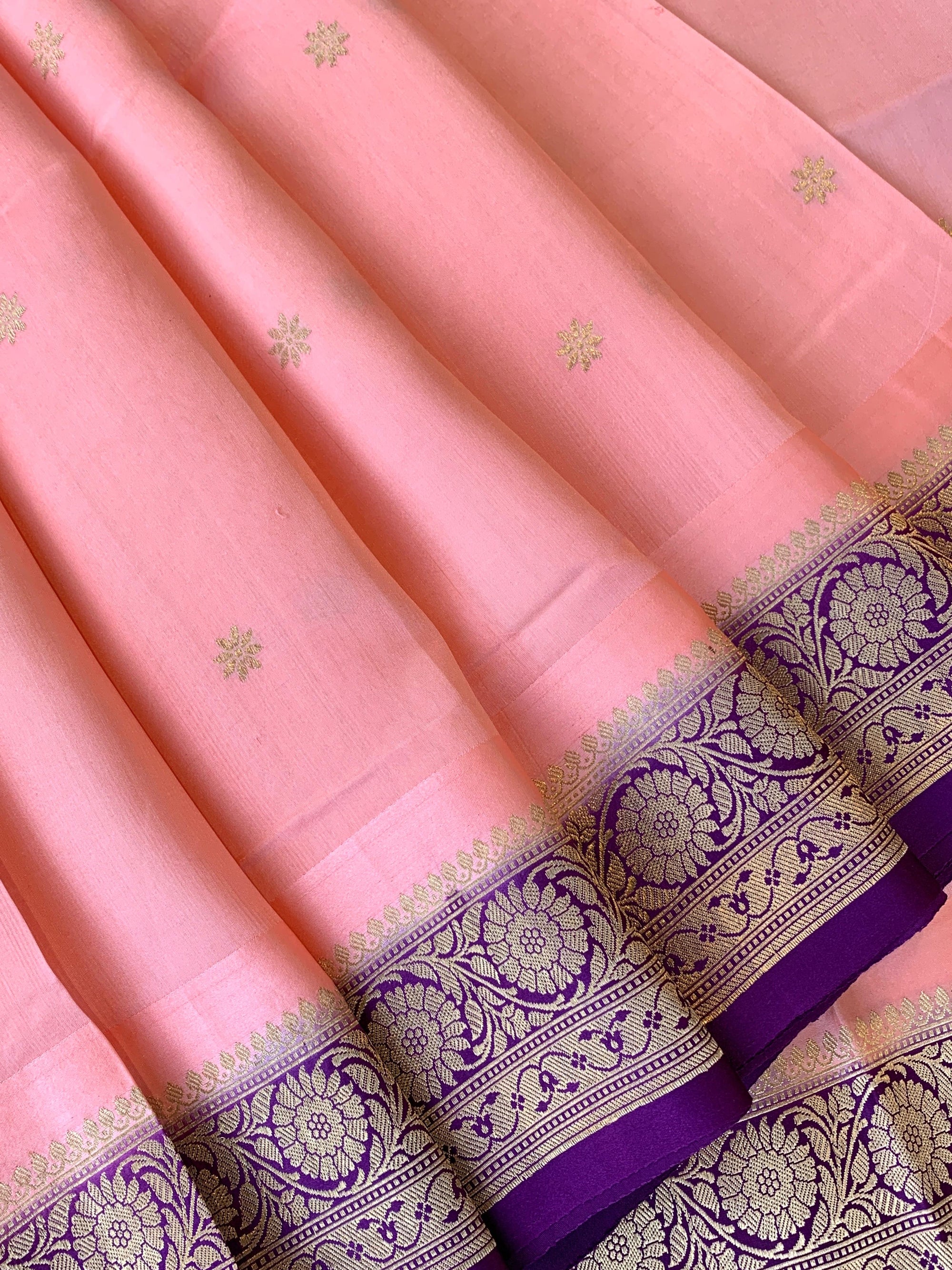 Peach Pink & Purple Combo Raw Mangoe Silk Saree with heavy weaving mashru border & kaduwa woven motifs.