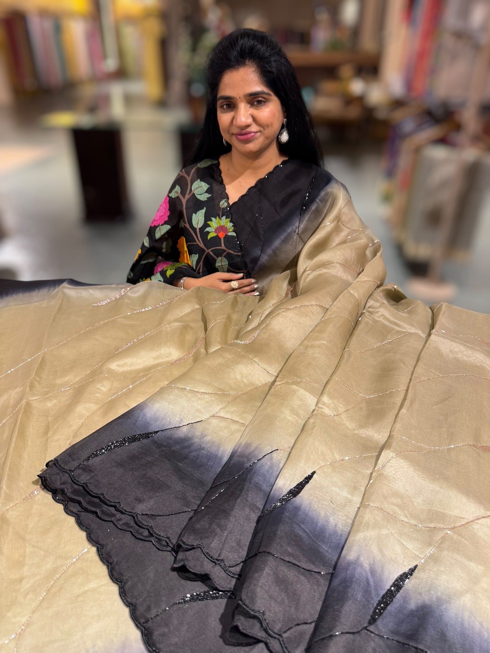 Chickoo & Black Ombre Dyed Pure Organza handwork saree