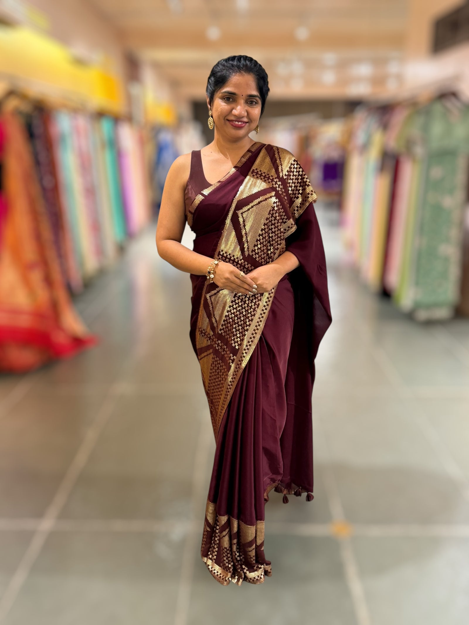 Burgundy Pure Satin Saree with designer sequence border and blouse