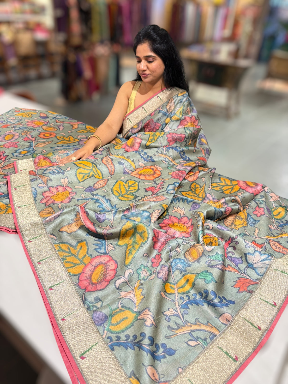 Pure Handloom Tussar kalamkari Saree with pythani single muniya borders