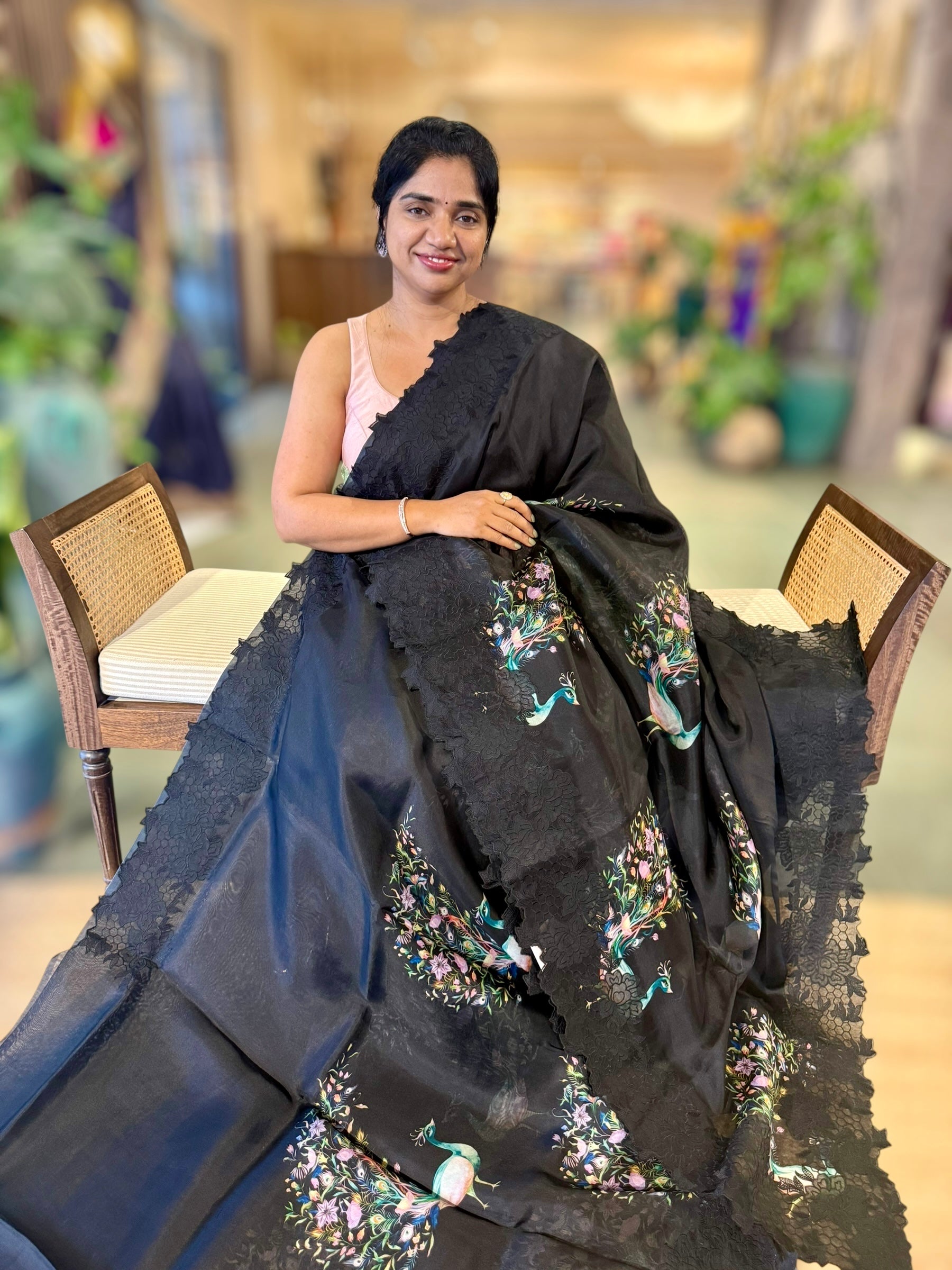 Black Printed Organza Saree With Chantilly Lace Style Embroidered Border.