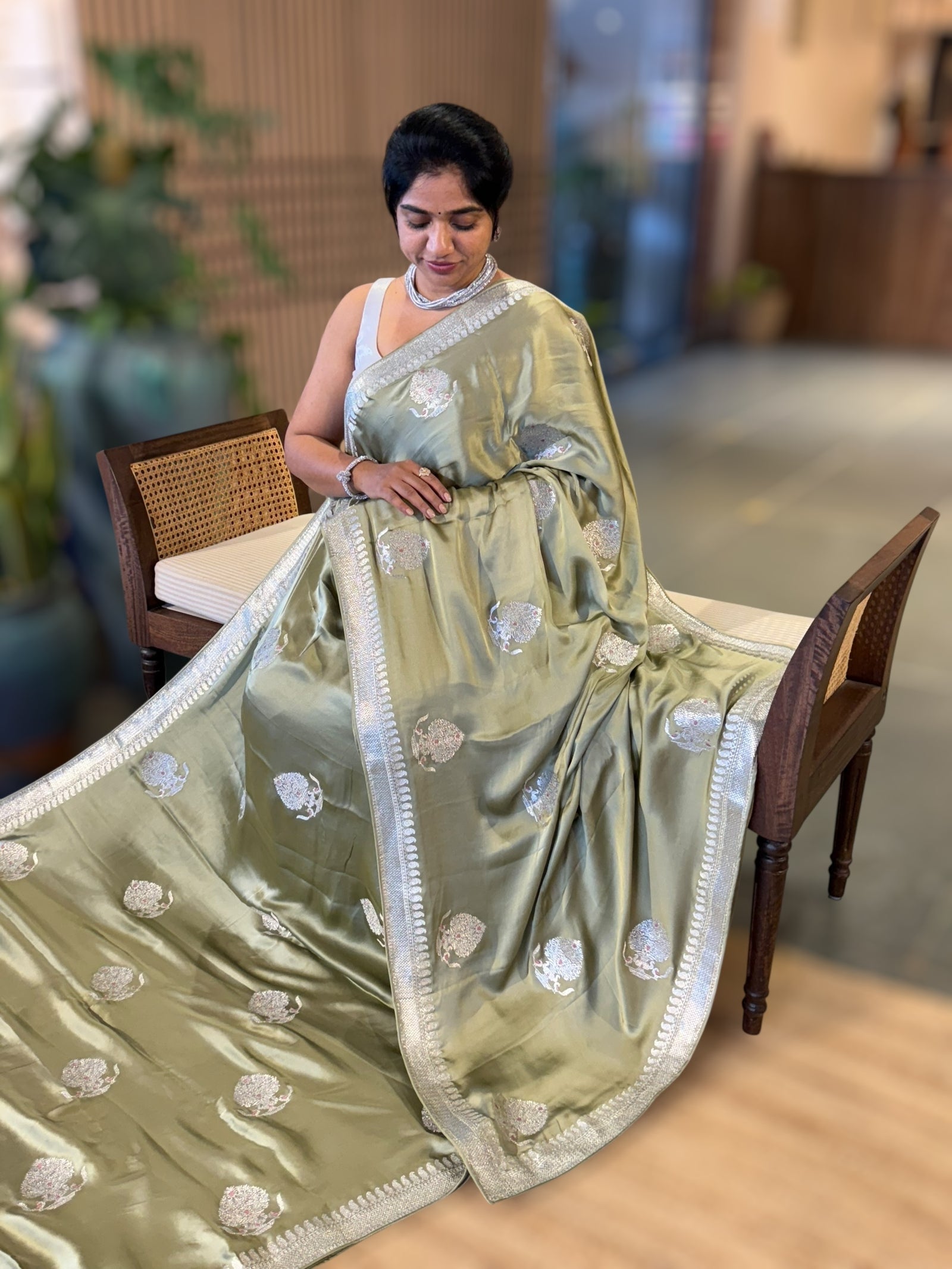 Sage Green Satin Saree with Embroidery.