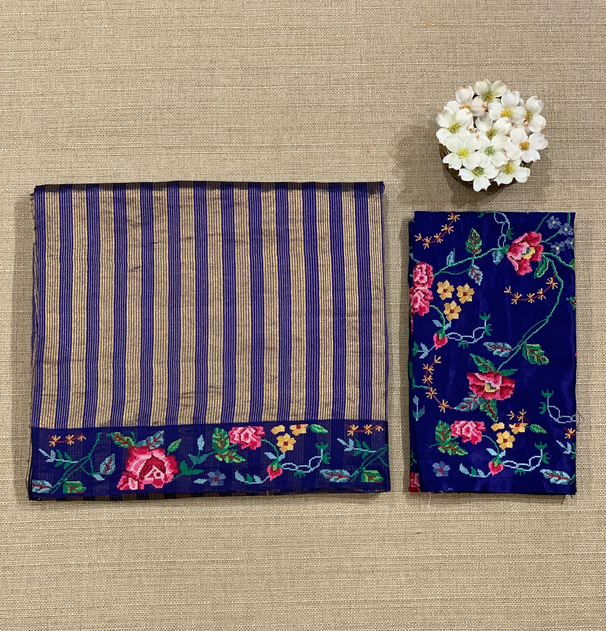 Blue Banarasi Tissue stripes Saree with petite point embroidery