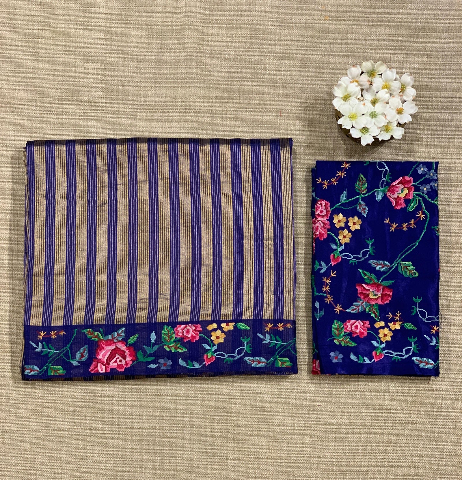 Blue Banarasi Tissue stripes Saree with petite point embroidery