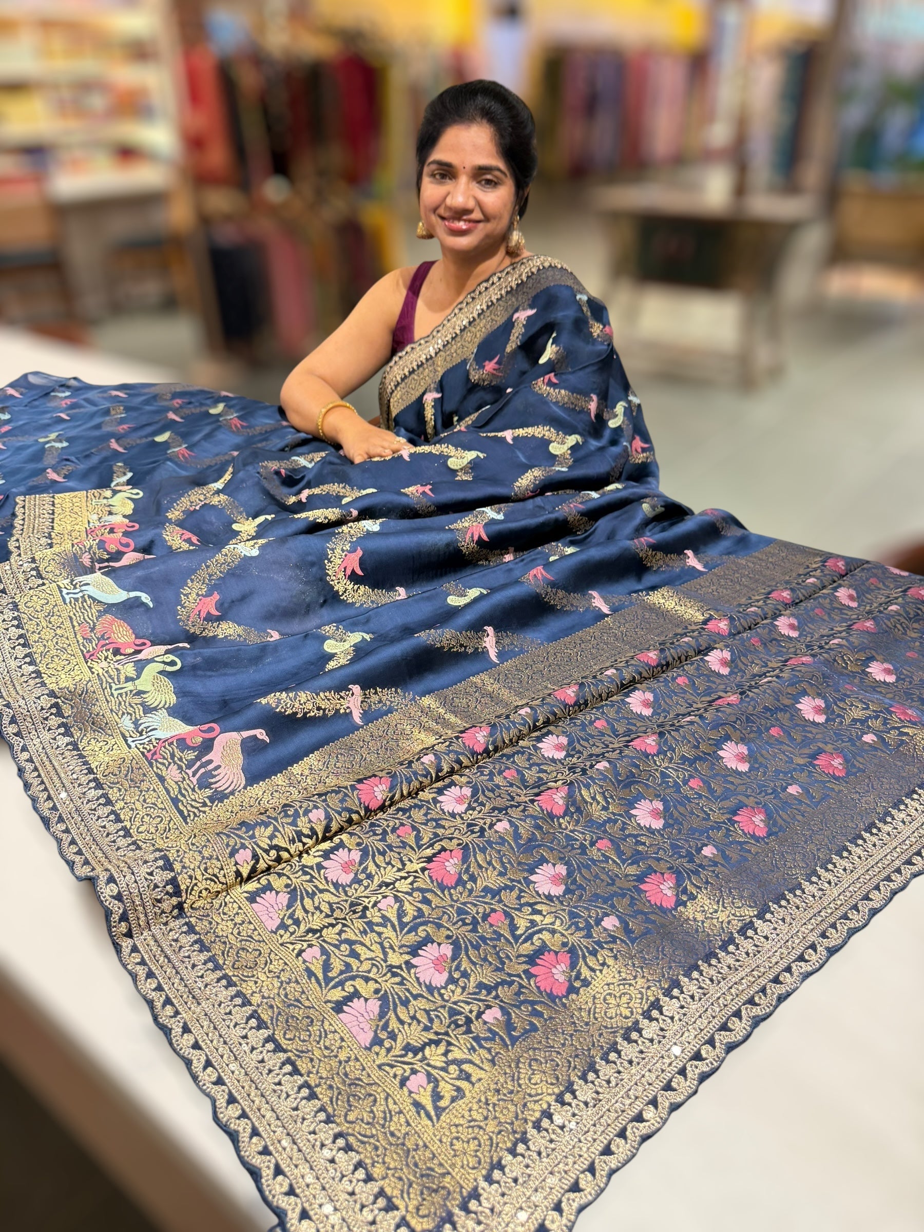 Midnight Blue Mashru Silk Saree with allover weaving and Sahbysachi borders and Blouse