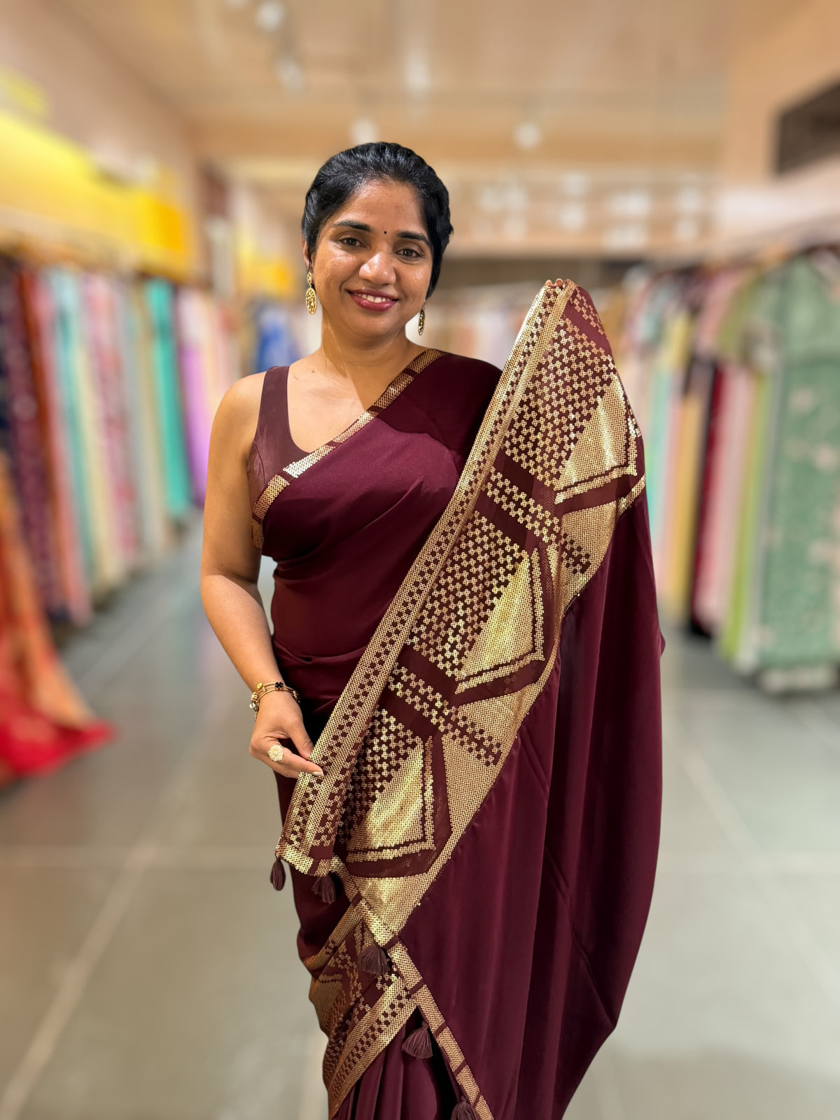 Burgundy Pure Satin Saree with designer sequence border and blouse