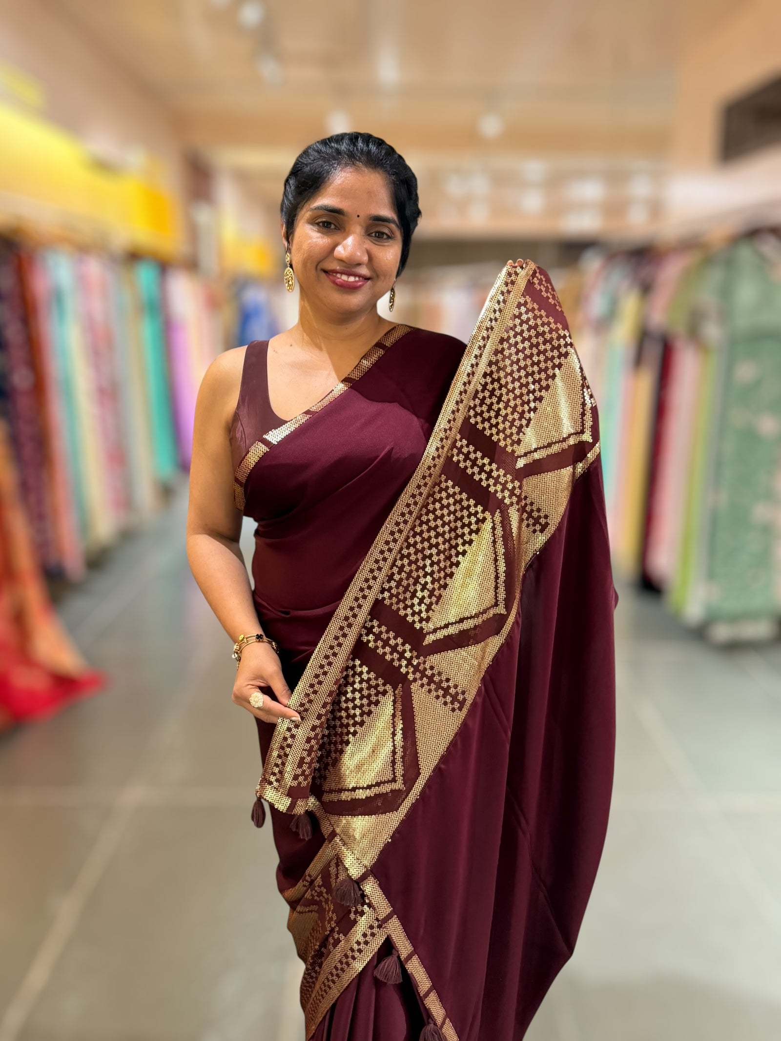 Burgundy Pure Satin Saree with designer sequence border and blouse