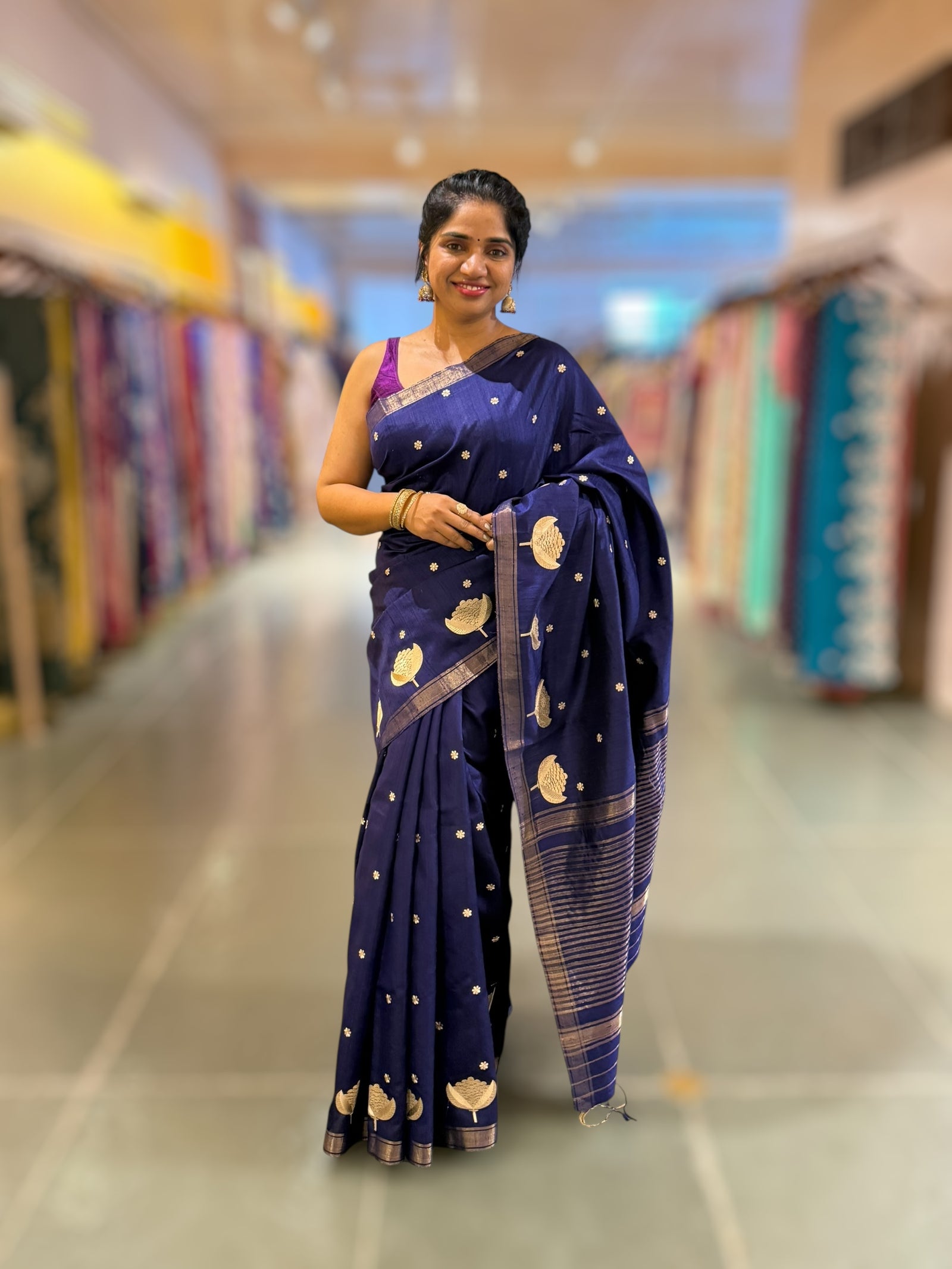 Navy Blue Pure Handloom Raw Silk Saree