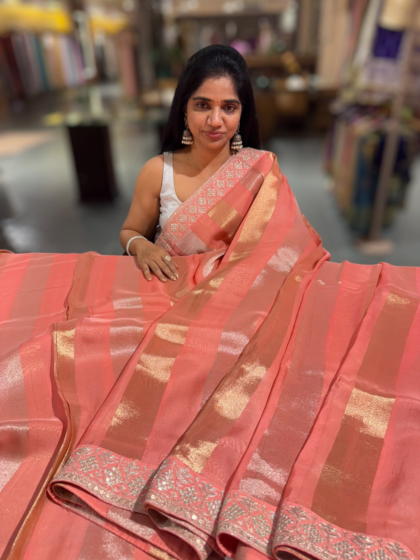 Coral kora tissue stripes saree