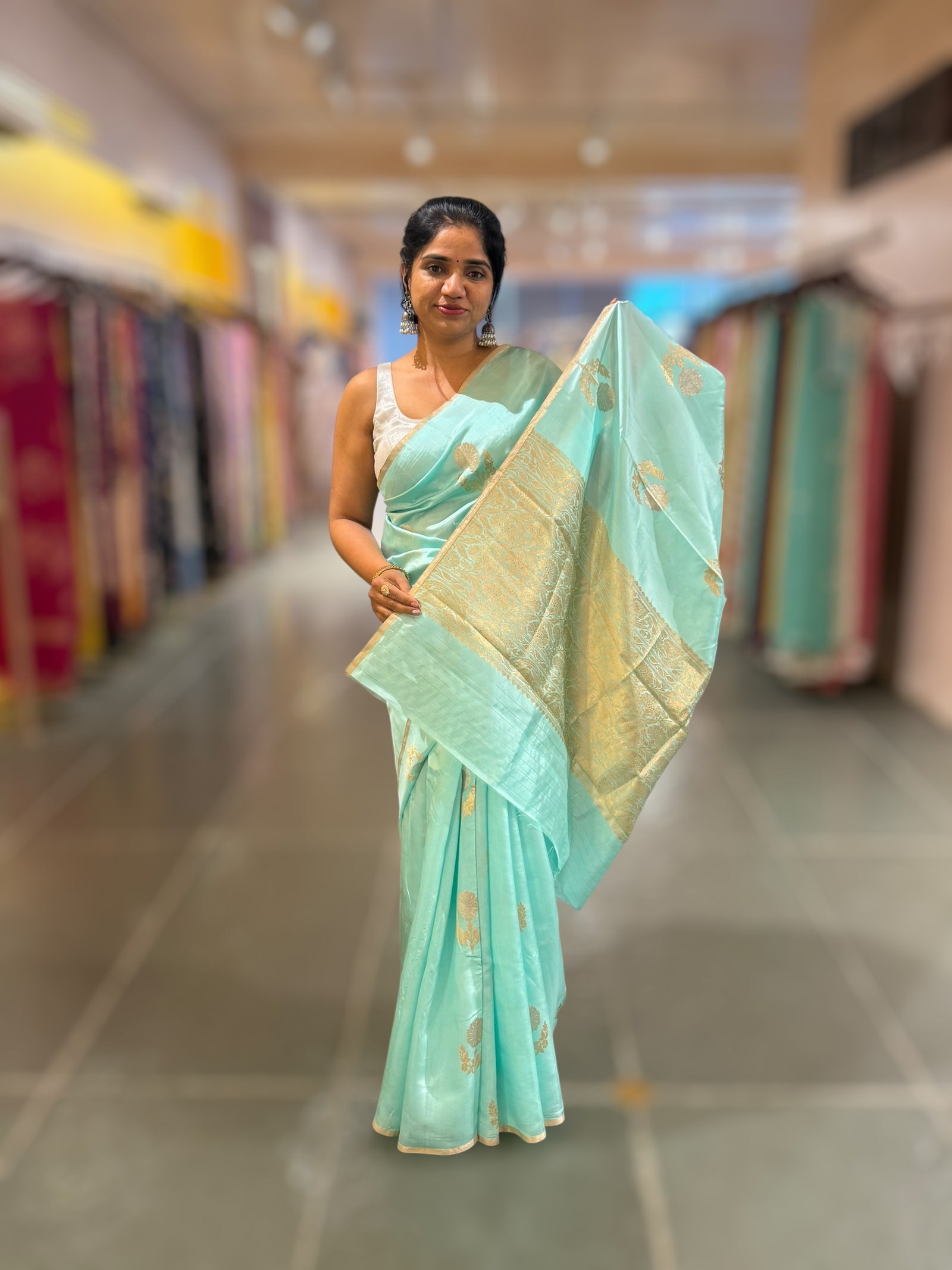 Pastel Blue Borderless Poona Silk Saree