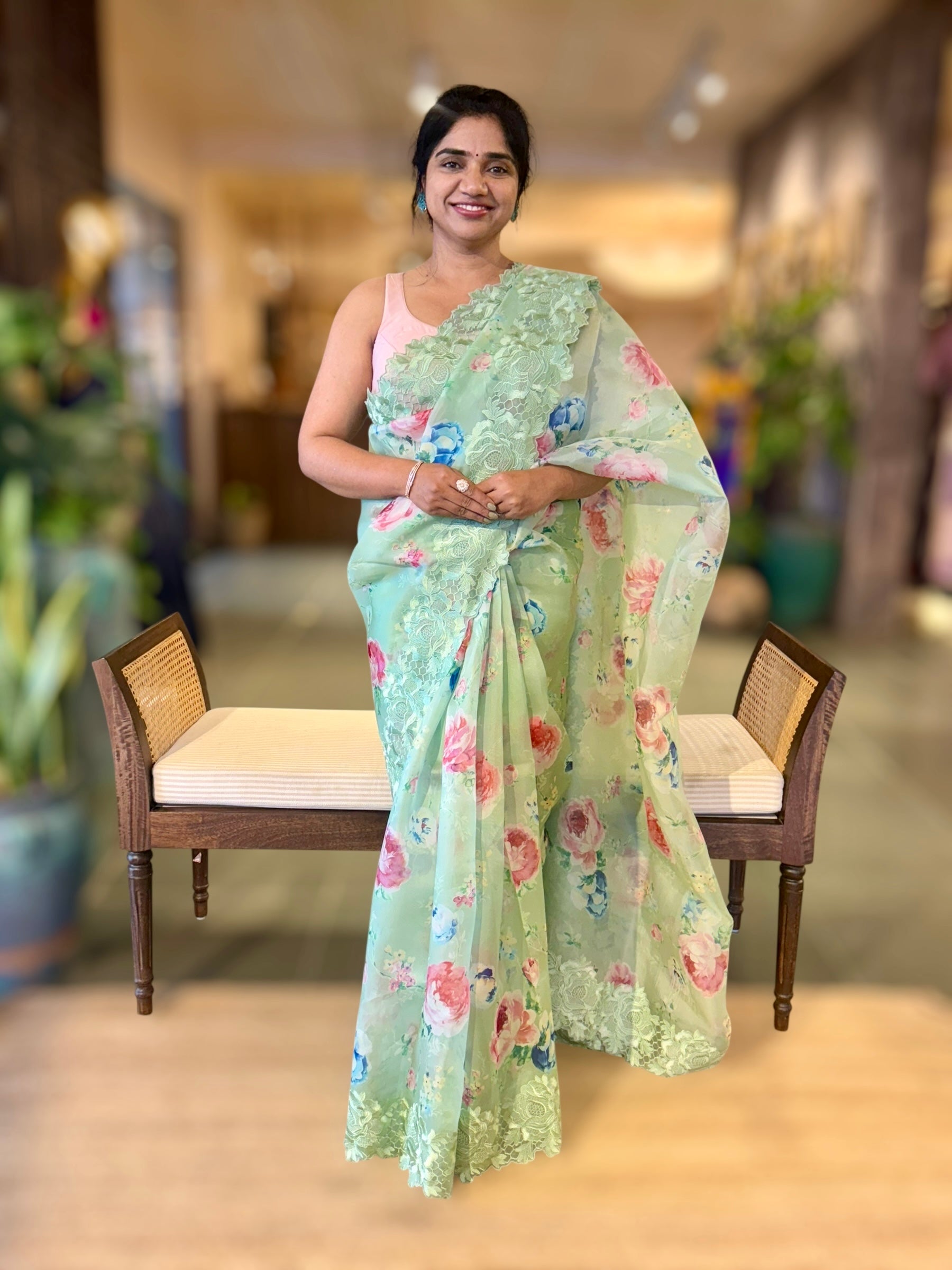Mint Floral Printed Organza Saree With Chantilly Lace Style Embroidered Border.