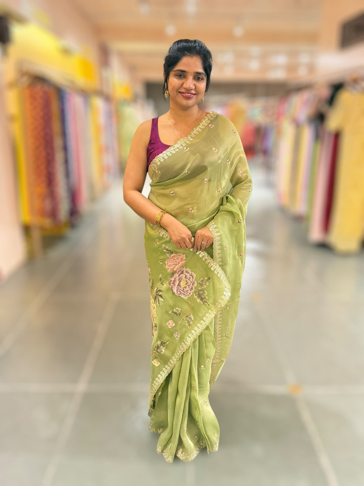 Light Olive Green Tissue Georgette Saree with petite point emb