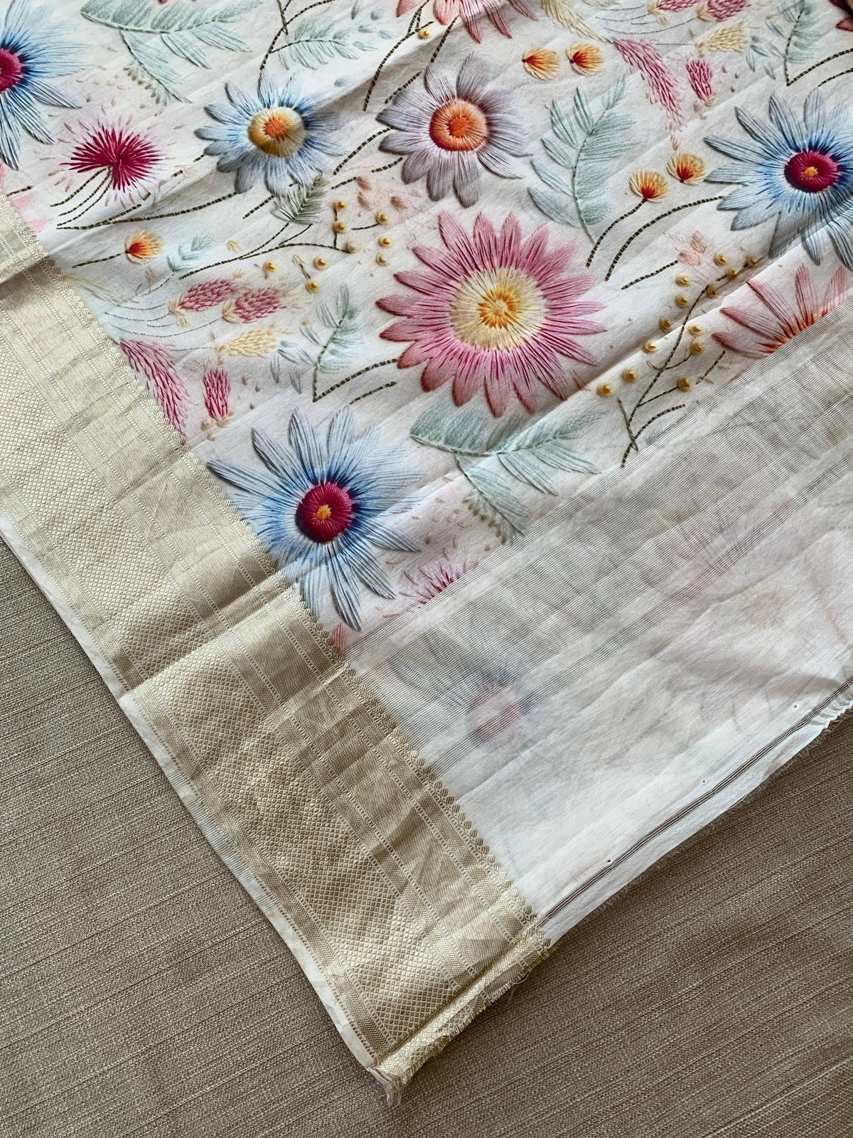 Ivory Pure Handloom Chiniya Silk Saree with stunning Floral Print and zari borders