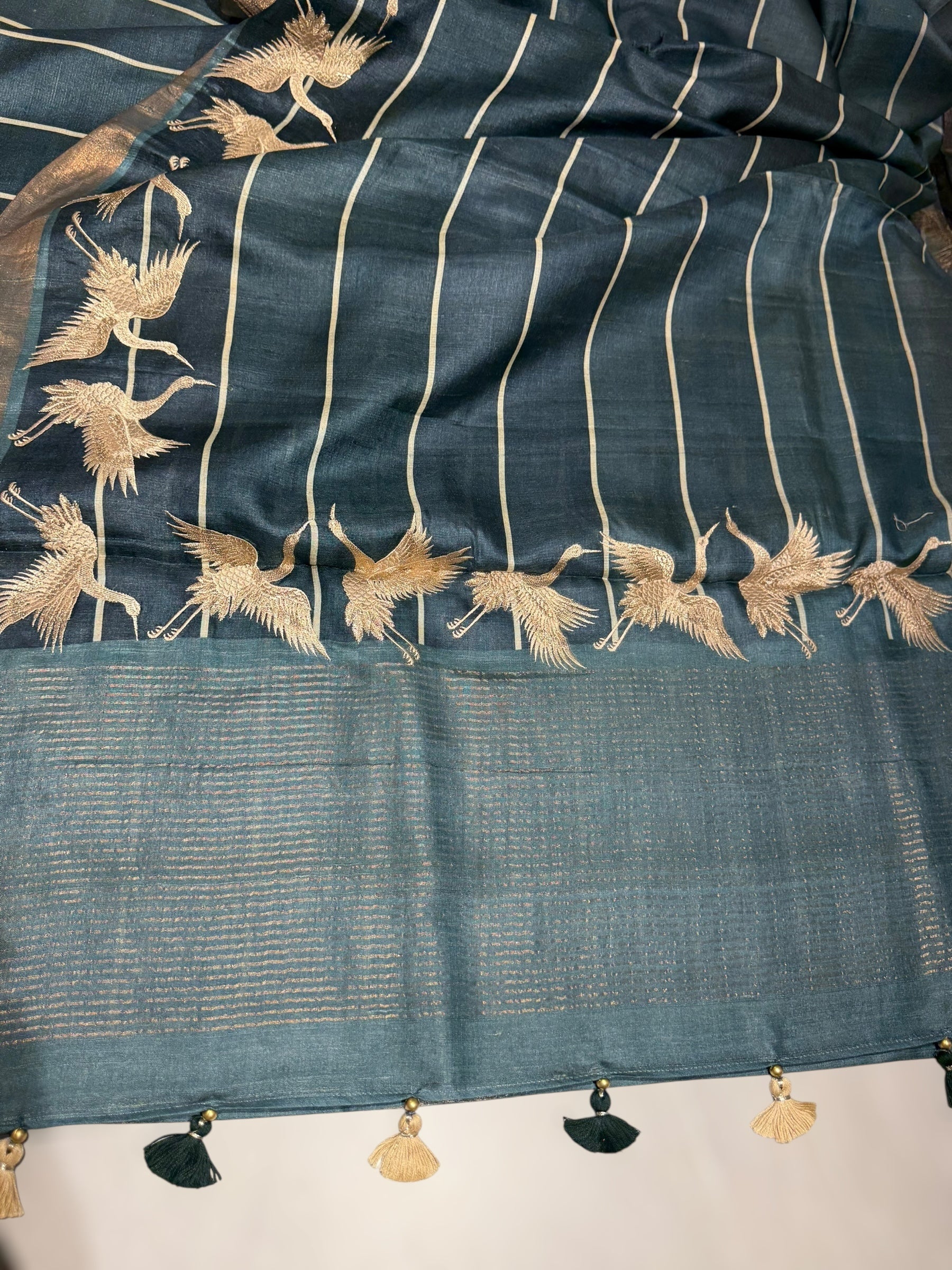 Tussar Rangkaat Saree With Crane Bird  Embroidered Border