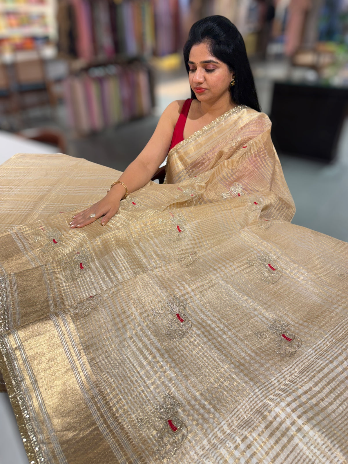 Beige Banarasi Kora Tissue Checks Saree with nandi motifs