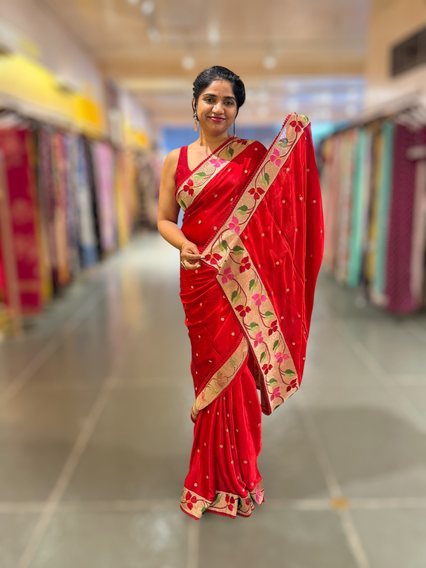 Red Satin Saree with Paithani Embroidered Border