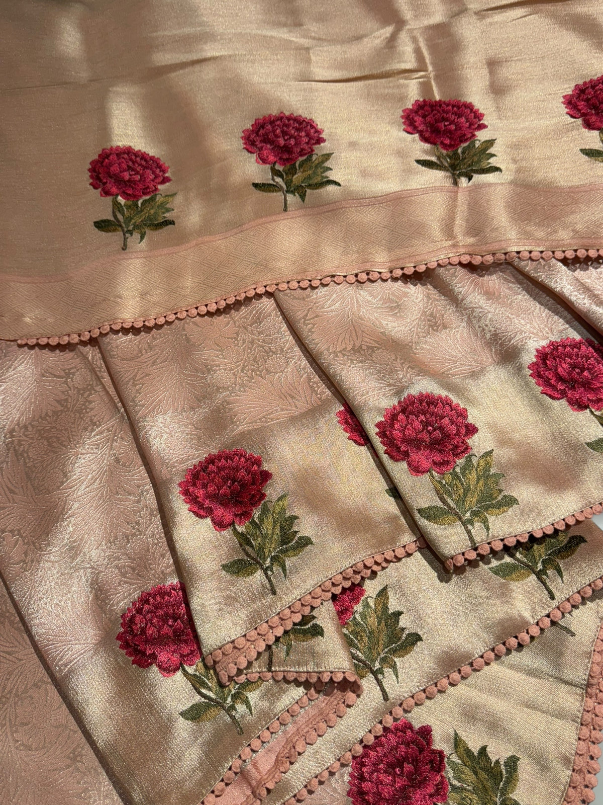 Peach pink Banarasi Brocade tissue saree with tonchui style weaving & embroidered dahlia flower border