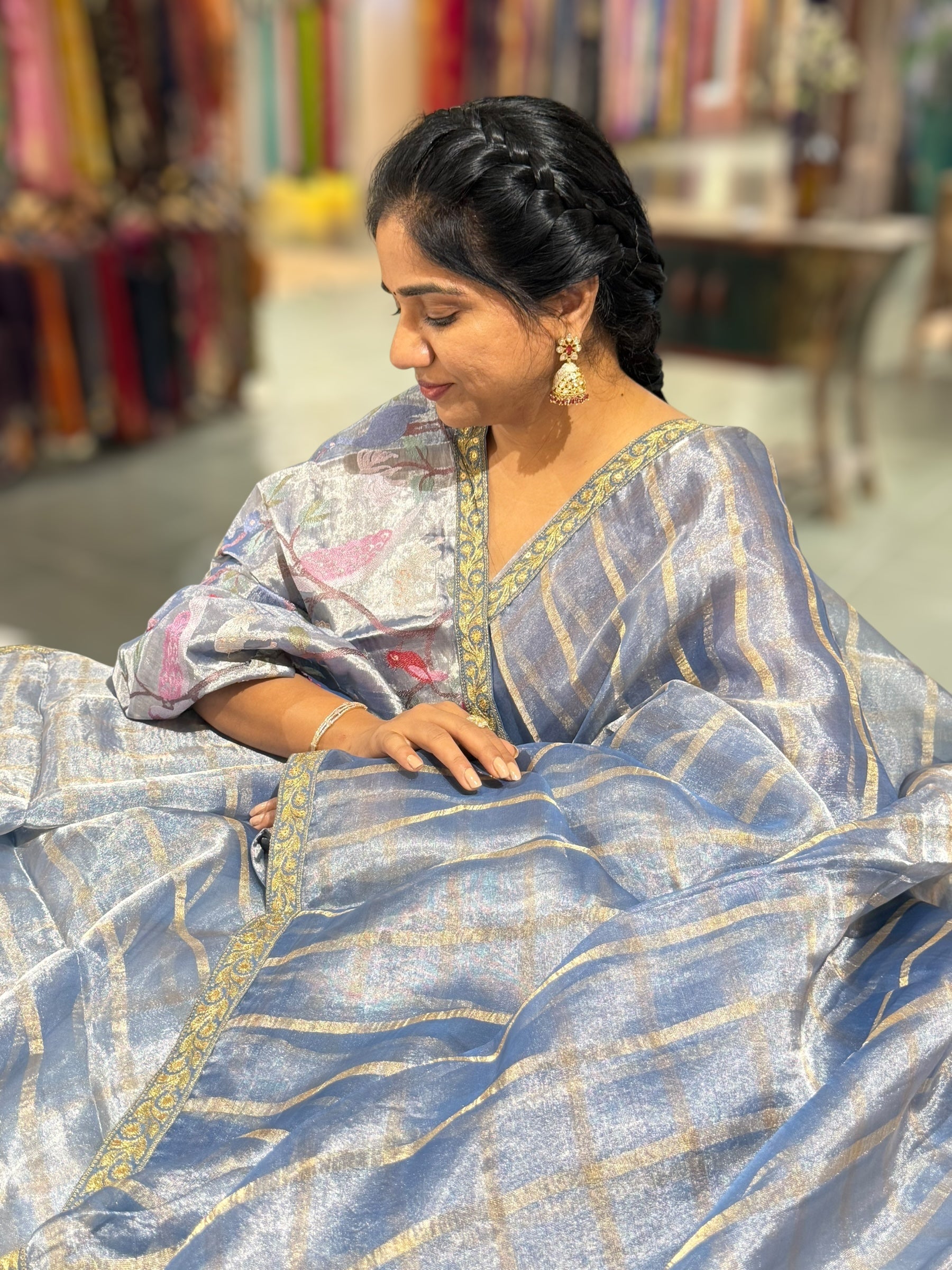 Cobalt Blue  Banarasi Tissue checks Saree with Sabyasachi Borders