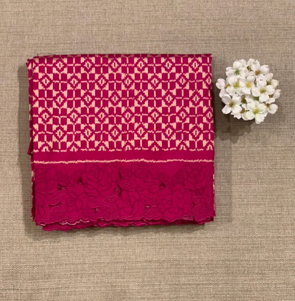 Beetroot Pink Cambodian–inspired Ikkat Silk Saree with cutwork Rose Border