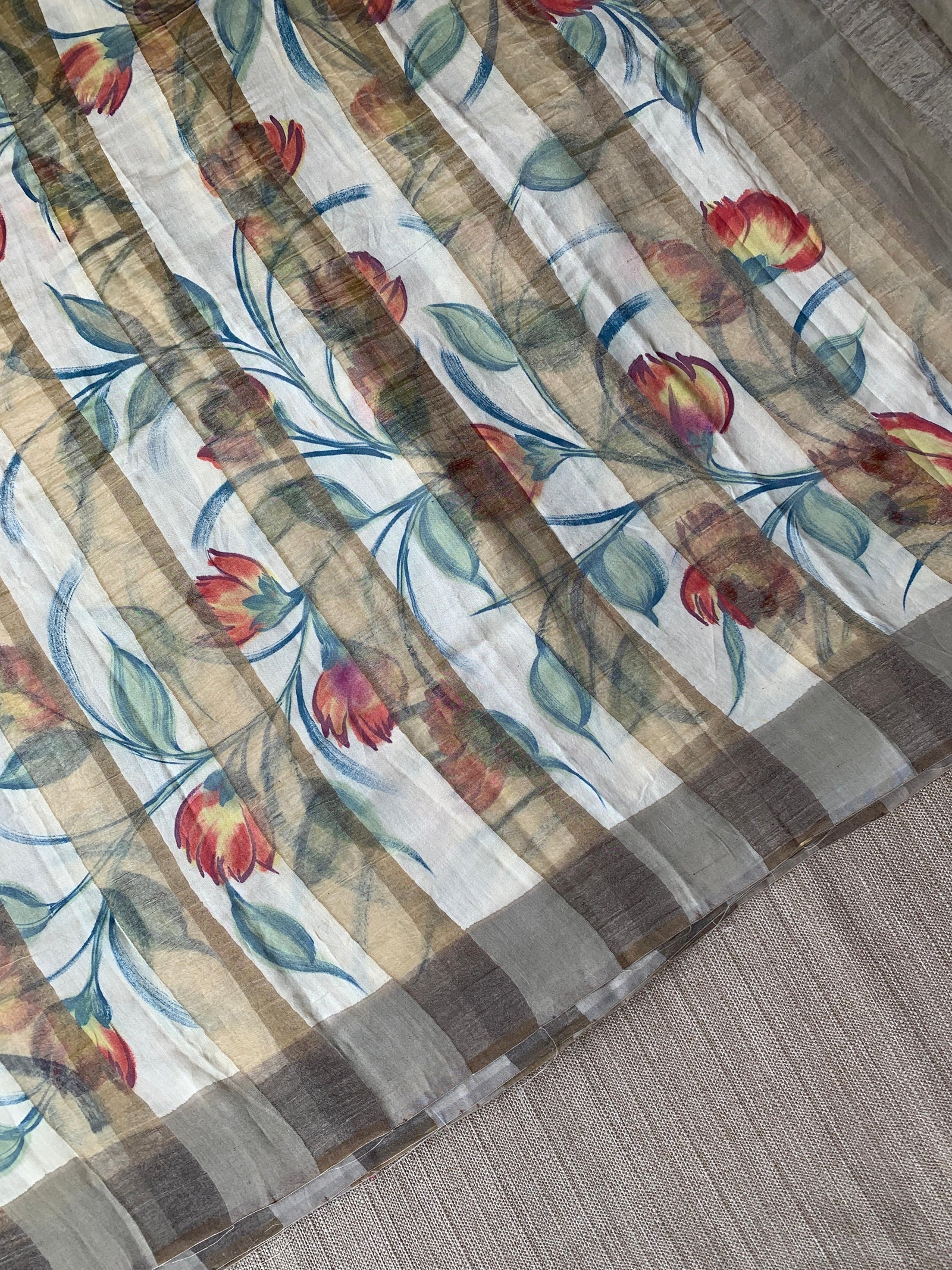 Mul silk handpainted Saree with tissue stripes and