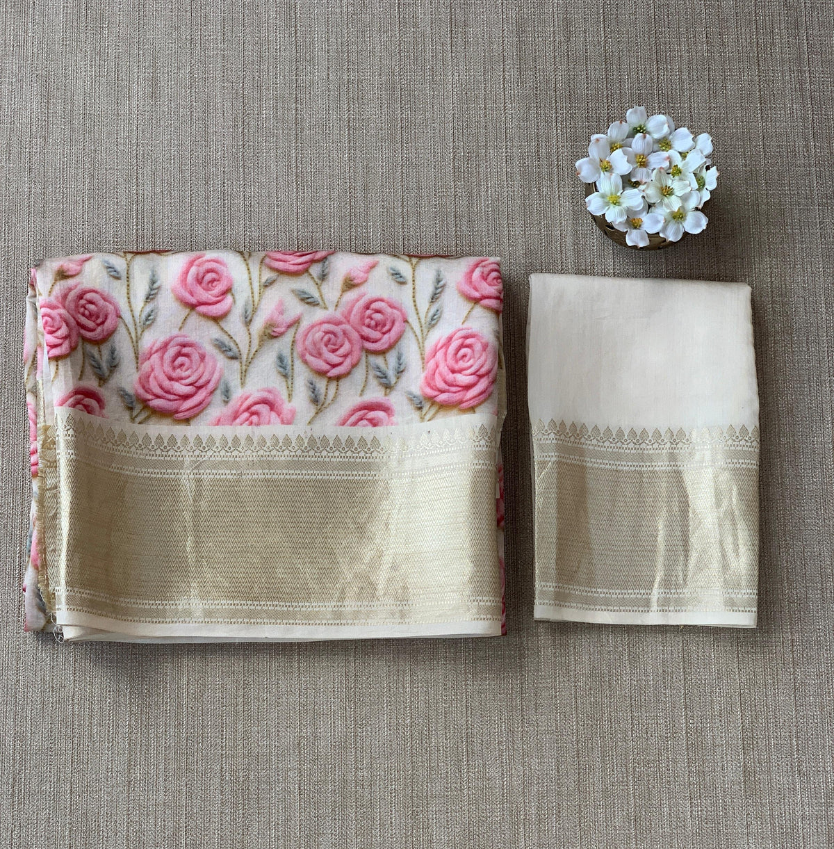 Halfwhite Pure Handloom Chiniya Silk Saree with stunning 3DRose Floral Print and zari borders