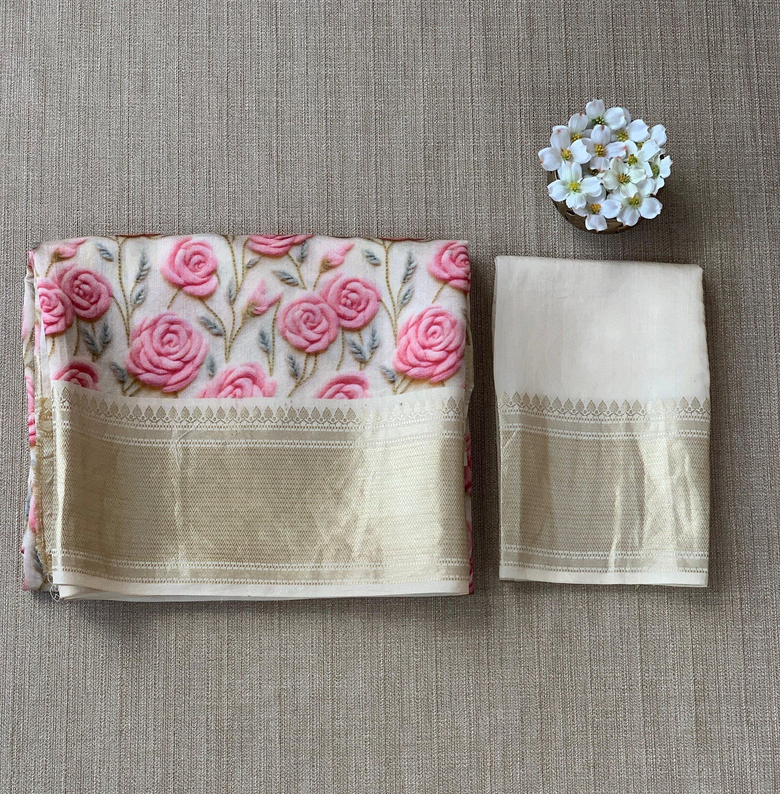 Halfwhite Pure Handloom Chiniya Silk Saree with stunning 3DRose Floral Print and zari borders