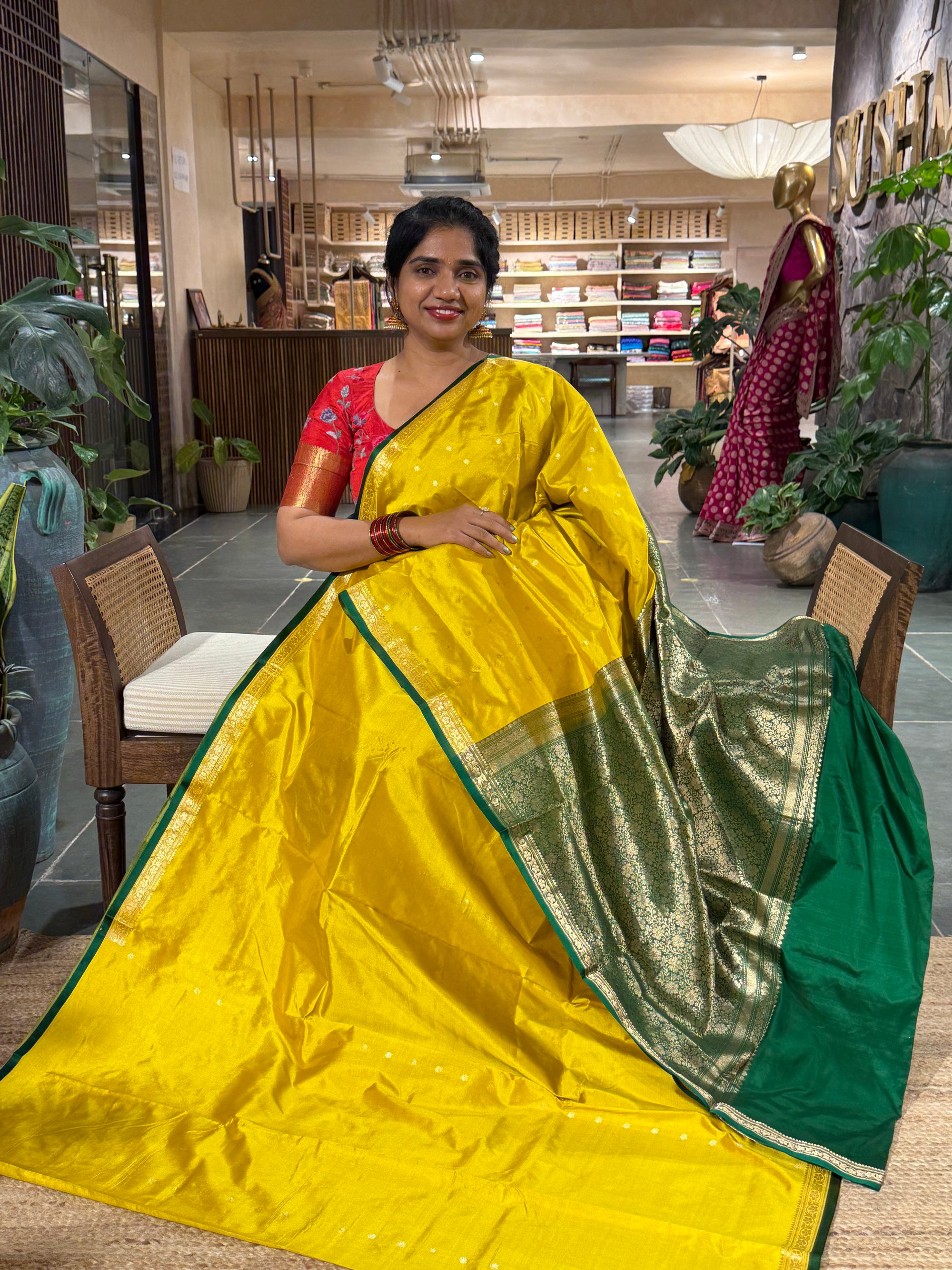 Mango yellow-Banarasi Katan Silk Saree With Petite Point Embroidered Silk Blouse