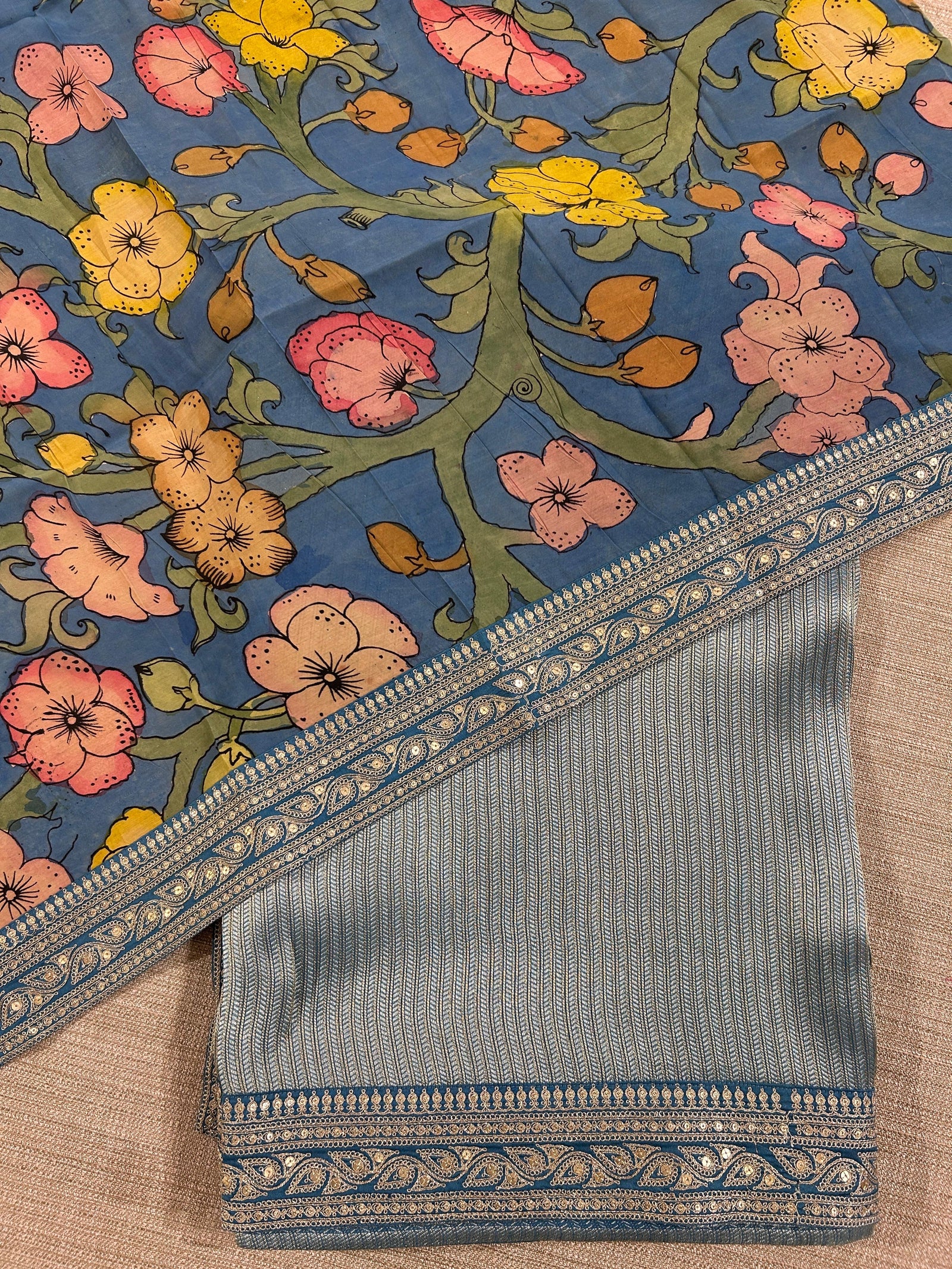 Dusty Blue Banarasi brocade with sabyasachi borders and pen kalamkari Blouses