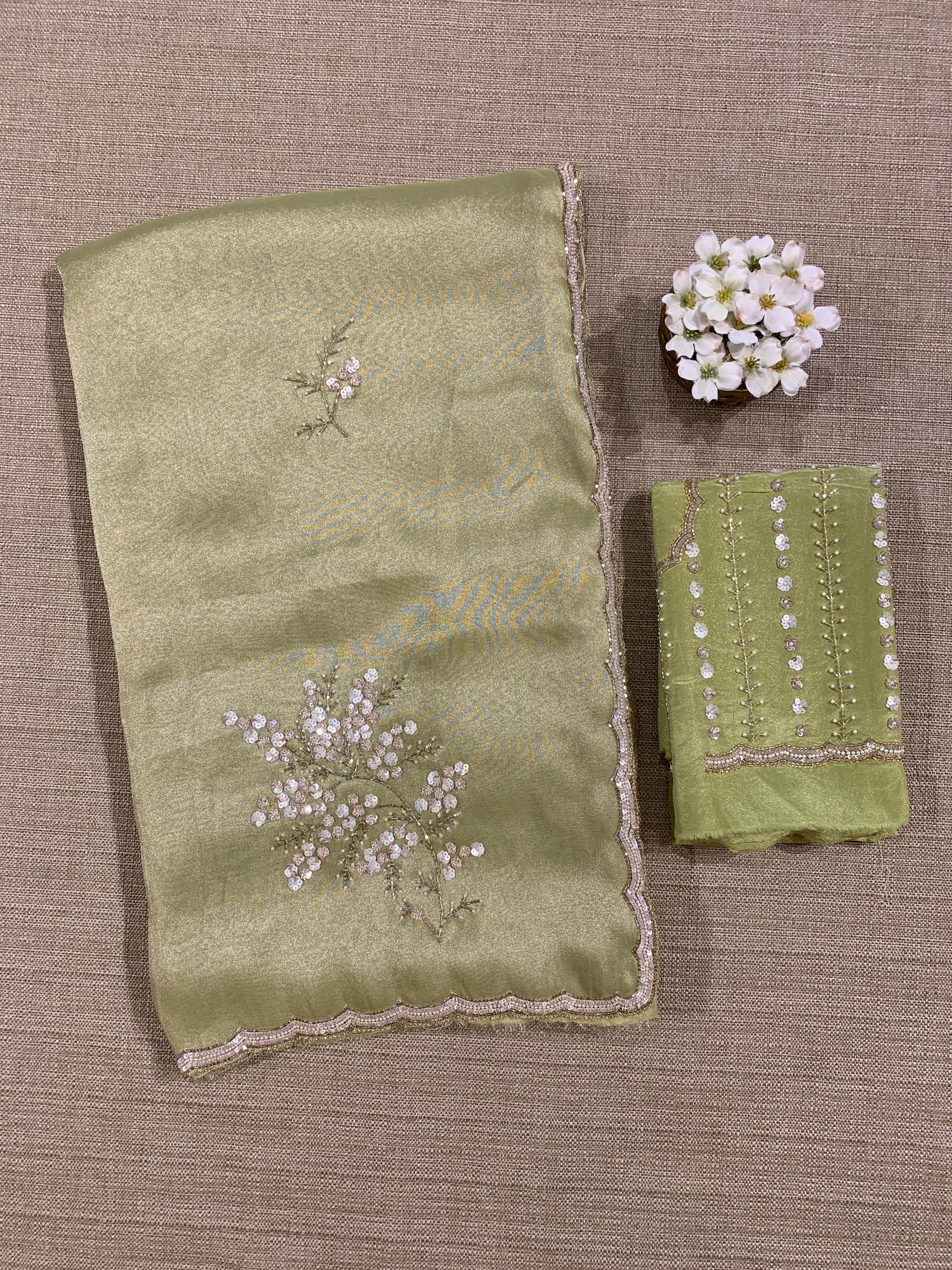 Tissue Gorgette Saree With Handwork Border and Blouse.
