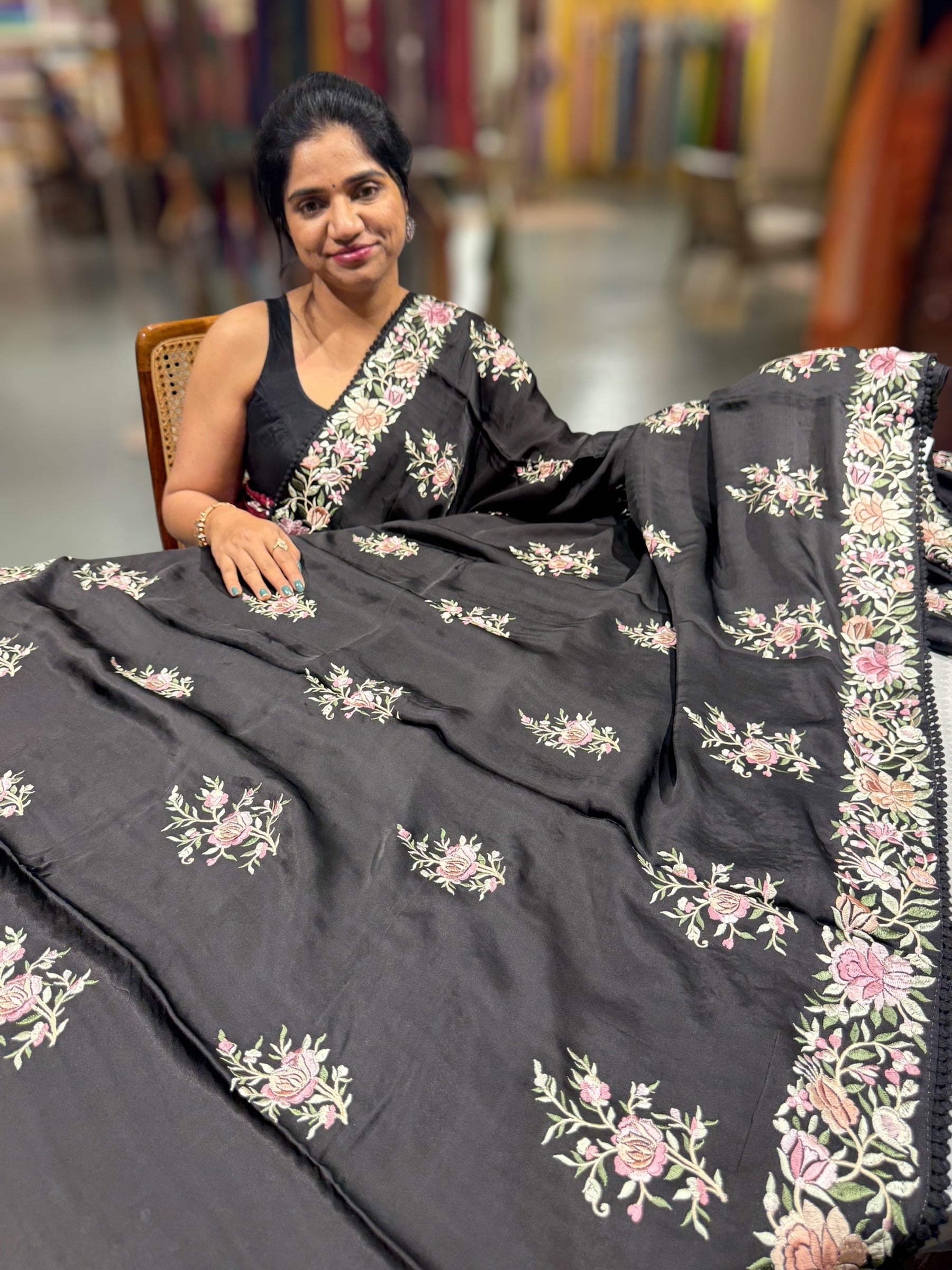 Black Satin Saree with Parsi Gara embroidery