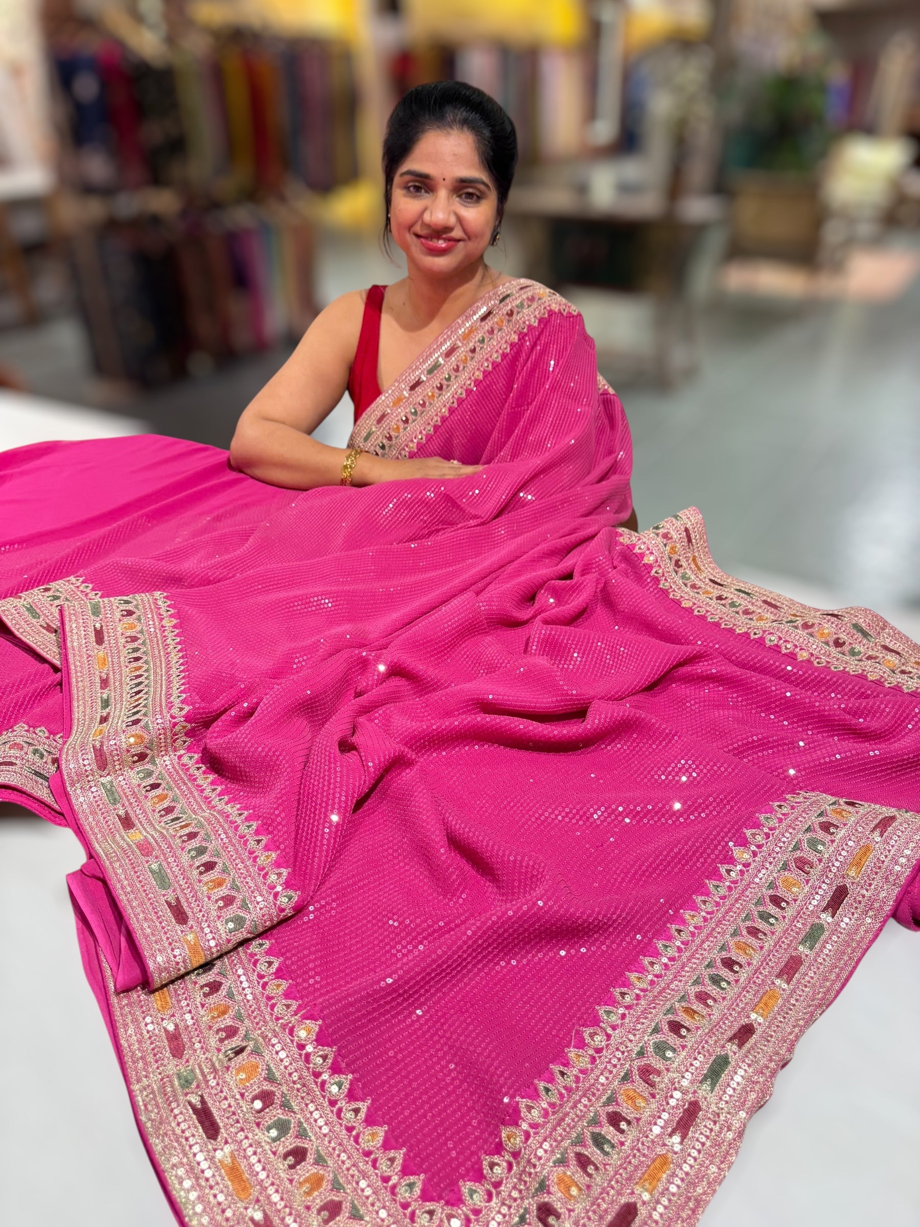 Pink Georgette sequnce Saree with Sabyasachi borders