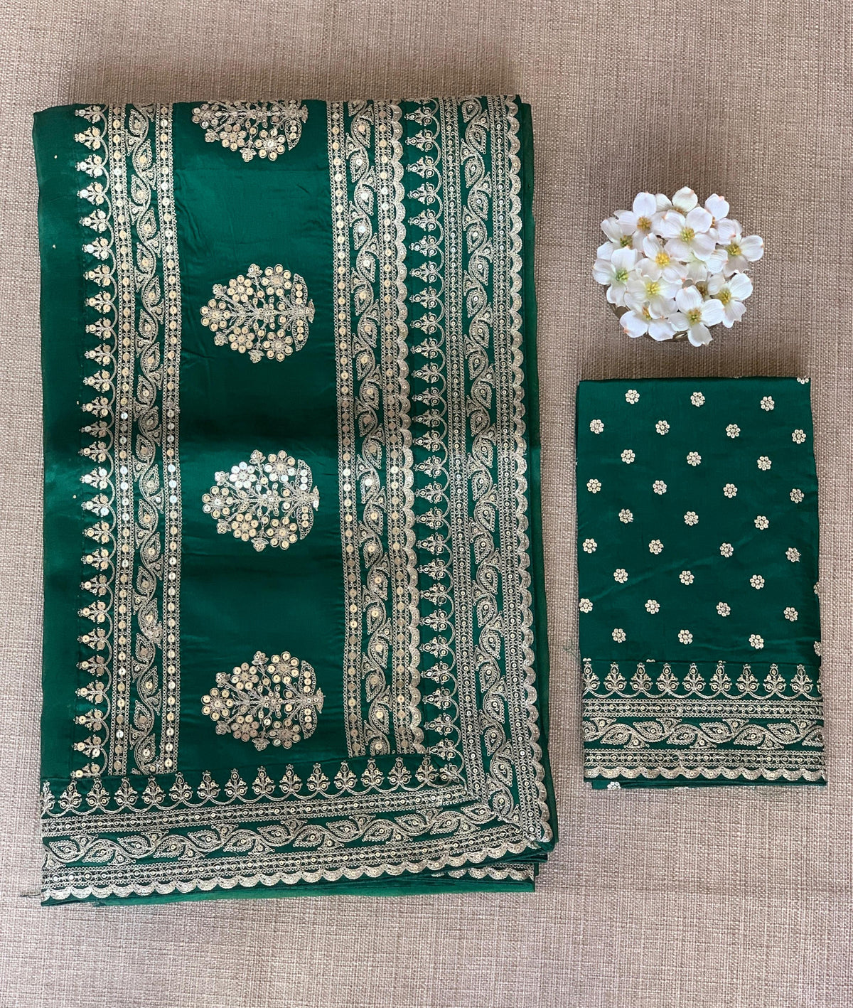 Emerald Green Pure Organza Saree with allover mukaish work & sabyasachi borders