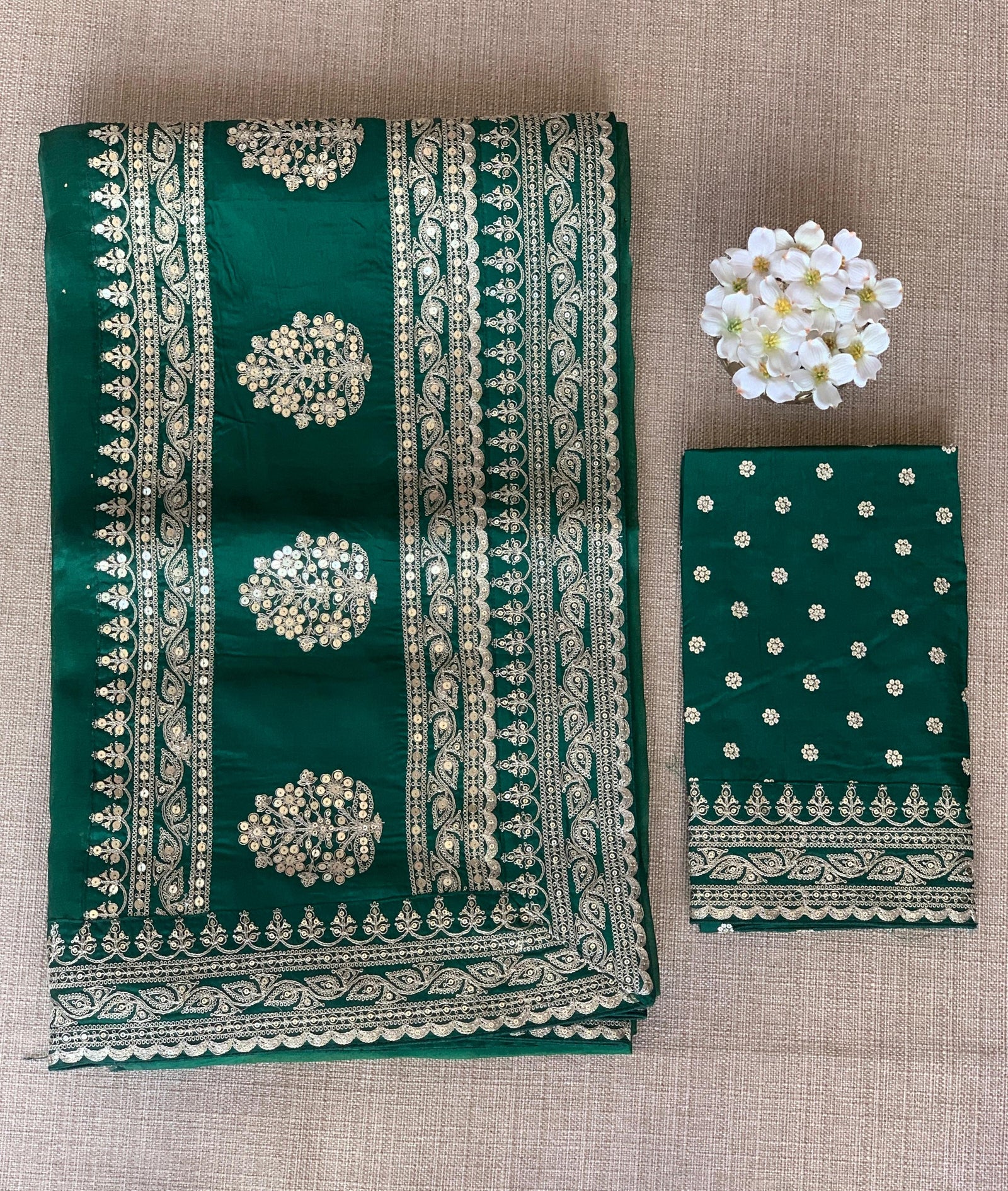 Emerald Green Pure Organza Saree with allover mukaish work & sabyasachi borders