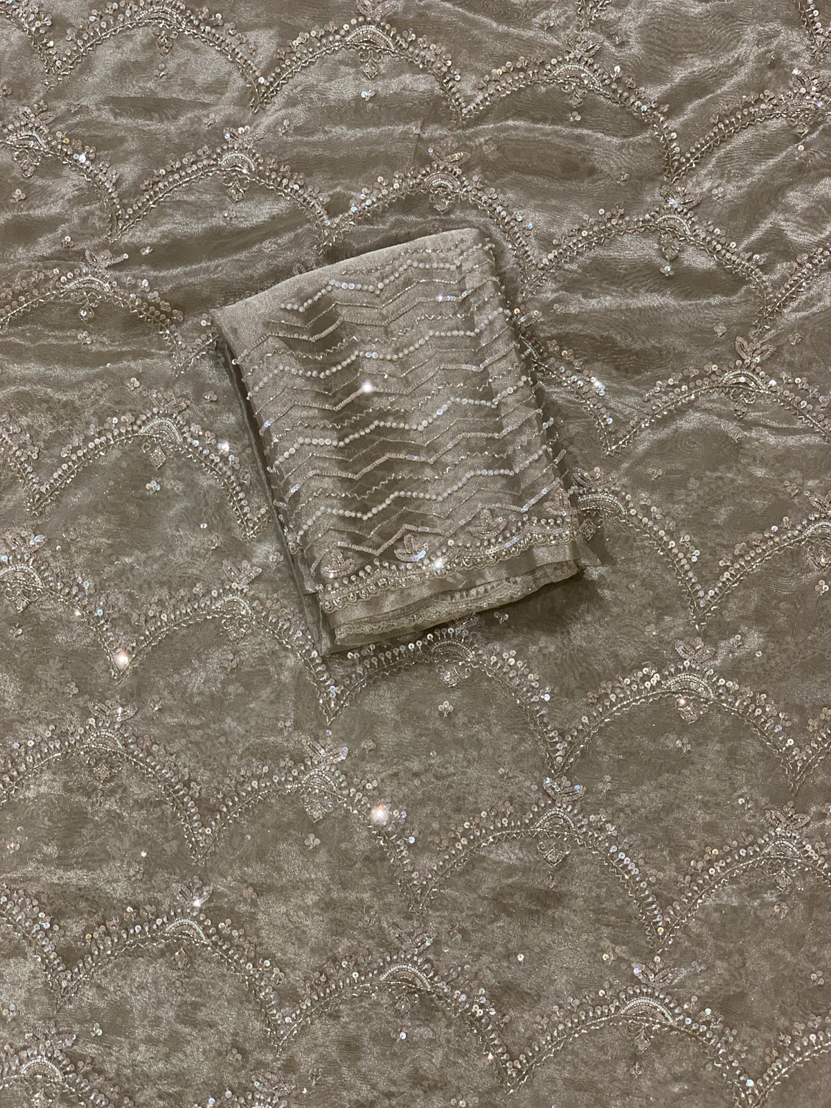 Nude tissue saree with heavy allover intricate handwork