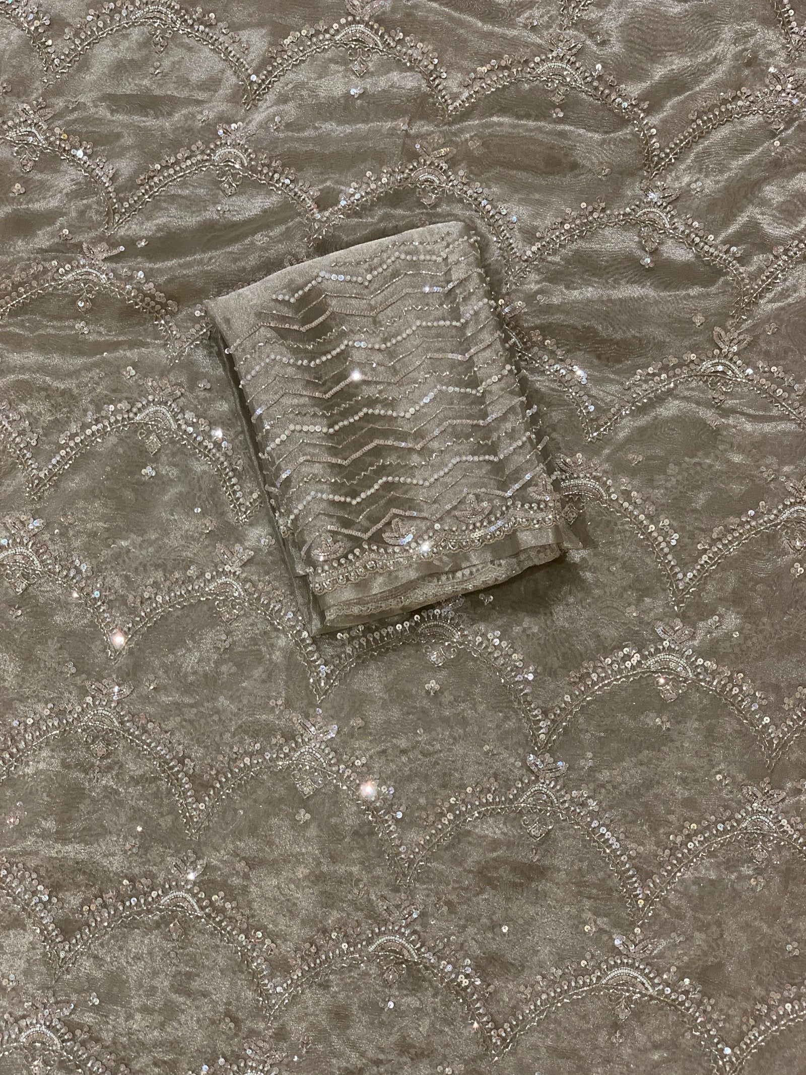 Nude tissue saree with heavy allover intricate handwork