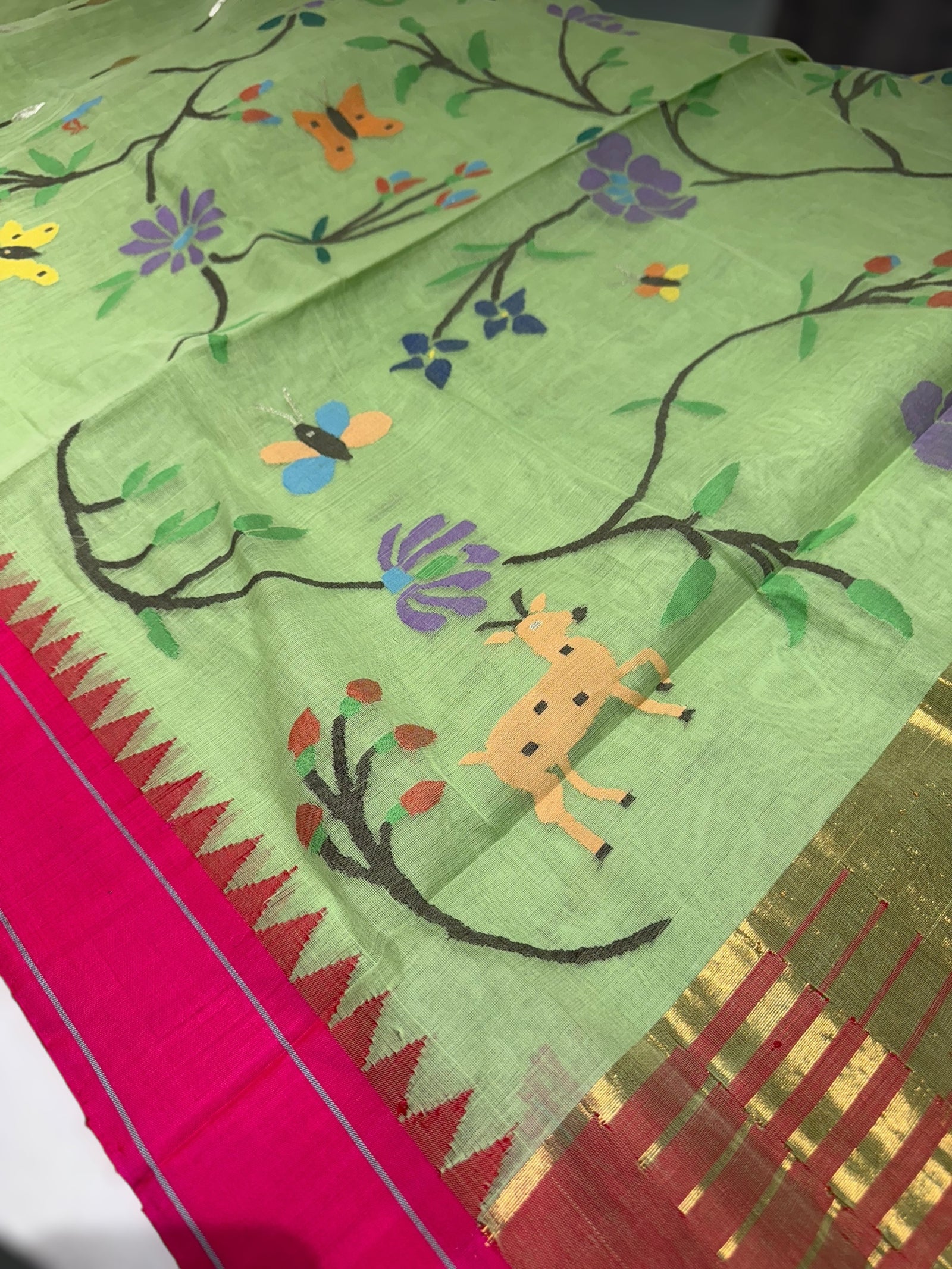 Pista Green pure handloom Ponduru Khadi jamdani Saree