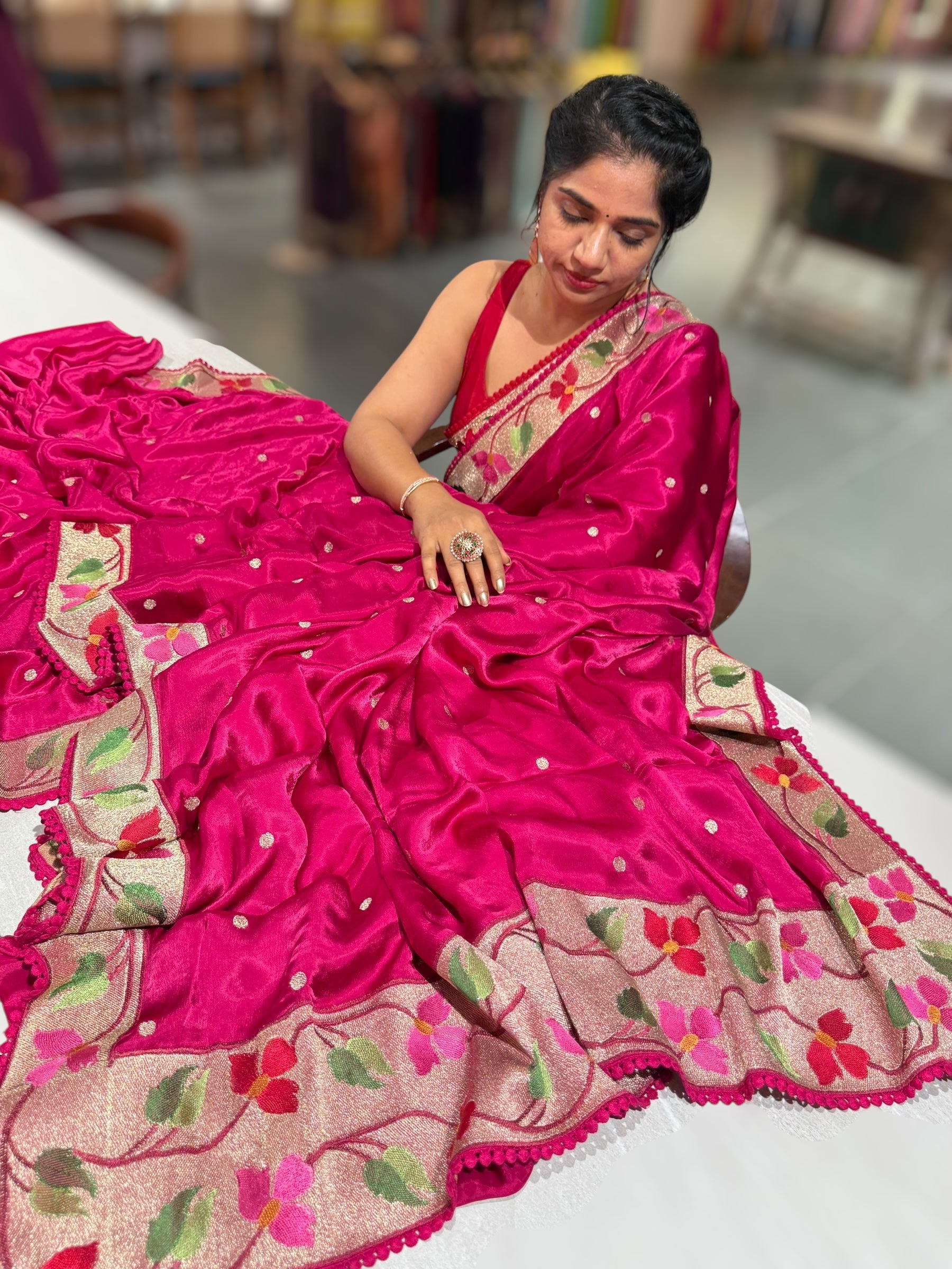 Dark Pink Satin Saree with Paithani Embroidered Border