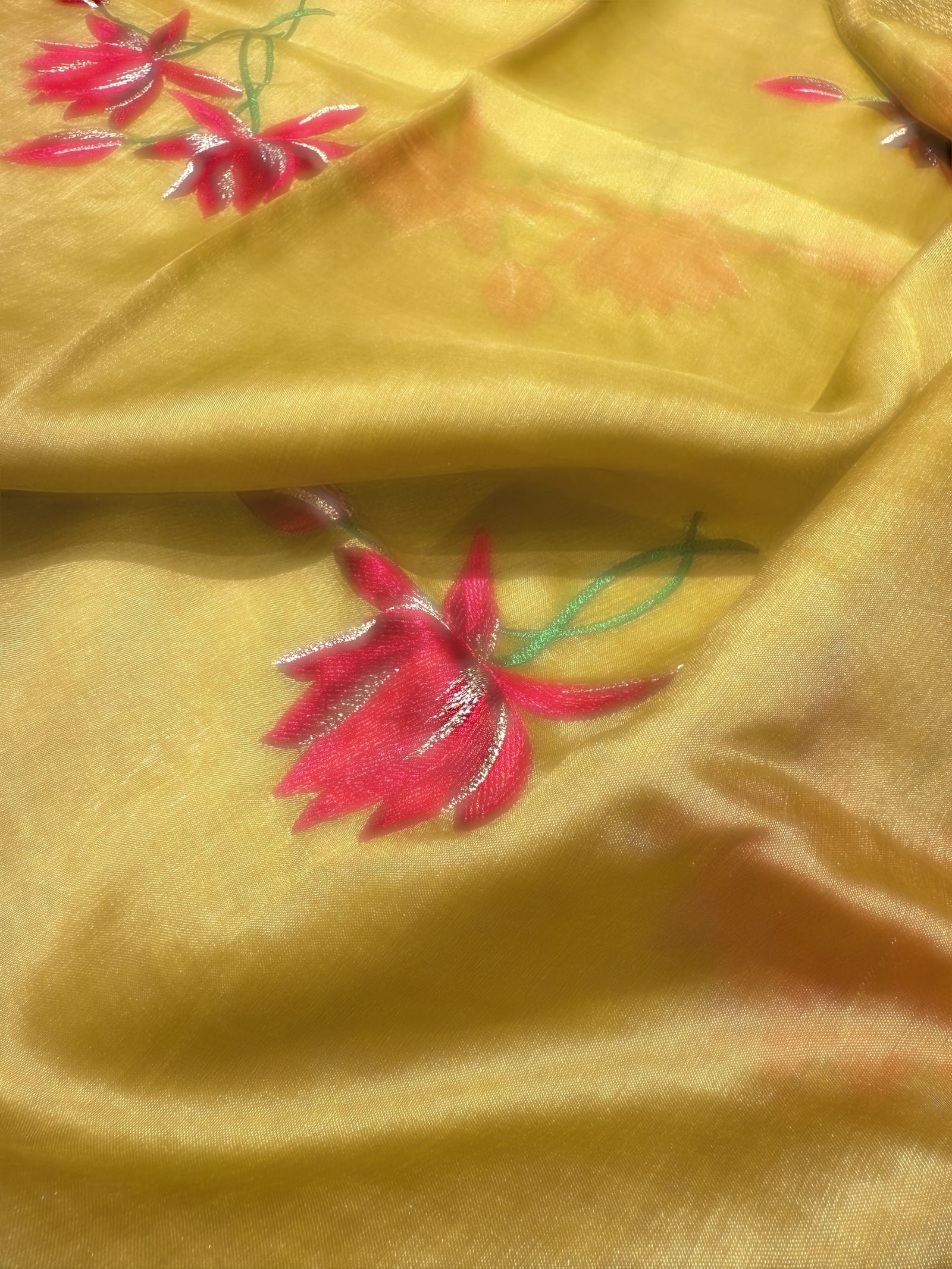 Lime yellow pure handloom tussar byloom saree with lotus embroidered bunch motifs
