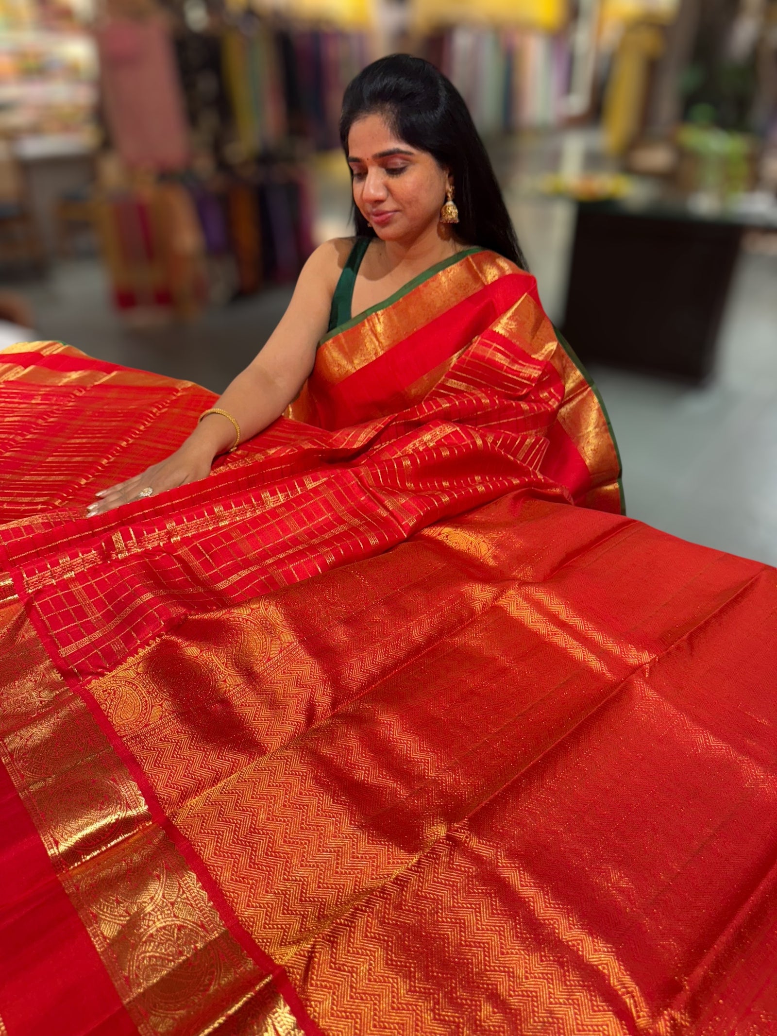 Chilli Red Vintage Checks Kanjeevaram Saree
