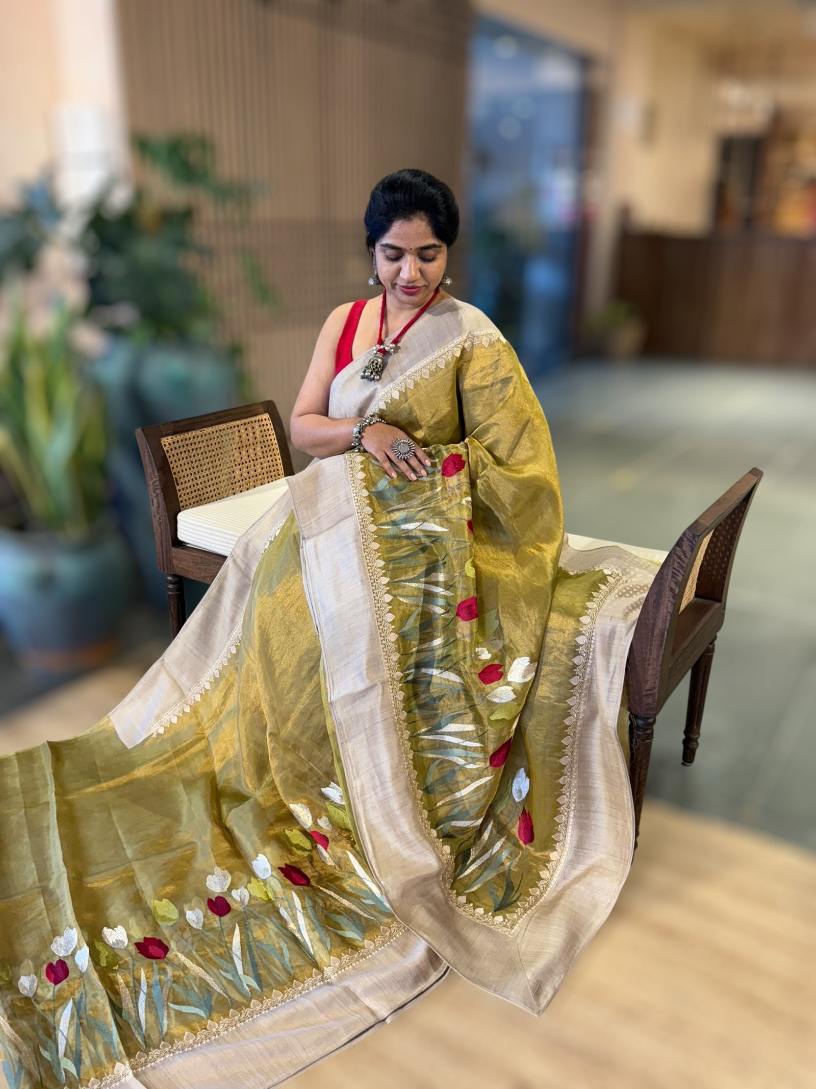 Lime Green Designer Handloom Tissue Saree With Tulip embroidery
