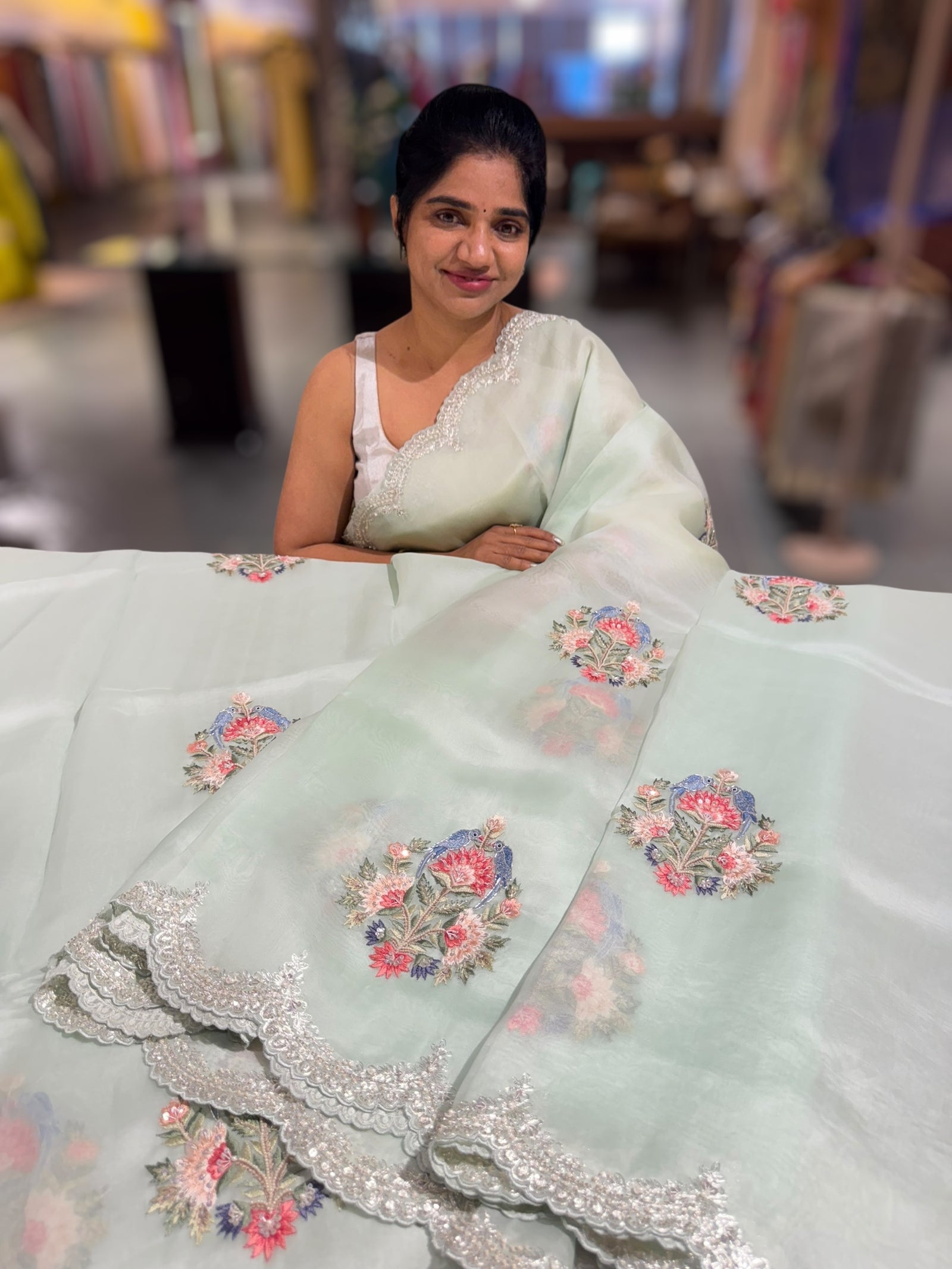 Pastel Blue pure Organza handwork saree