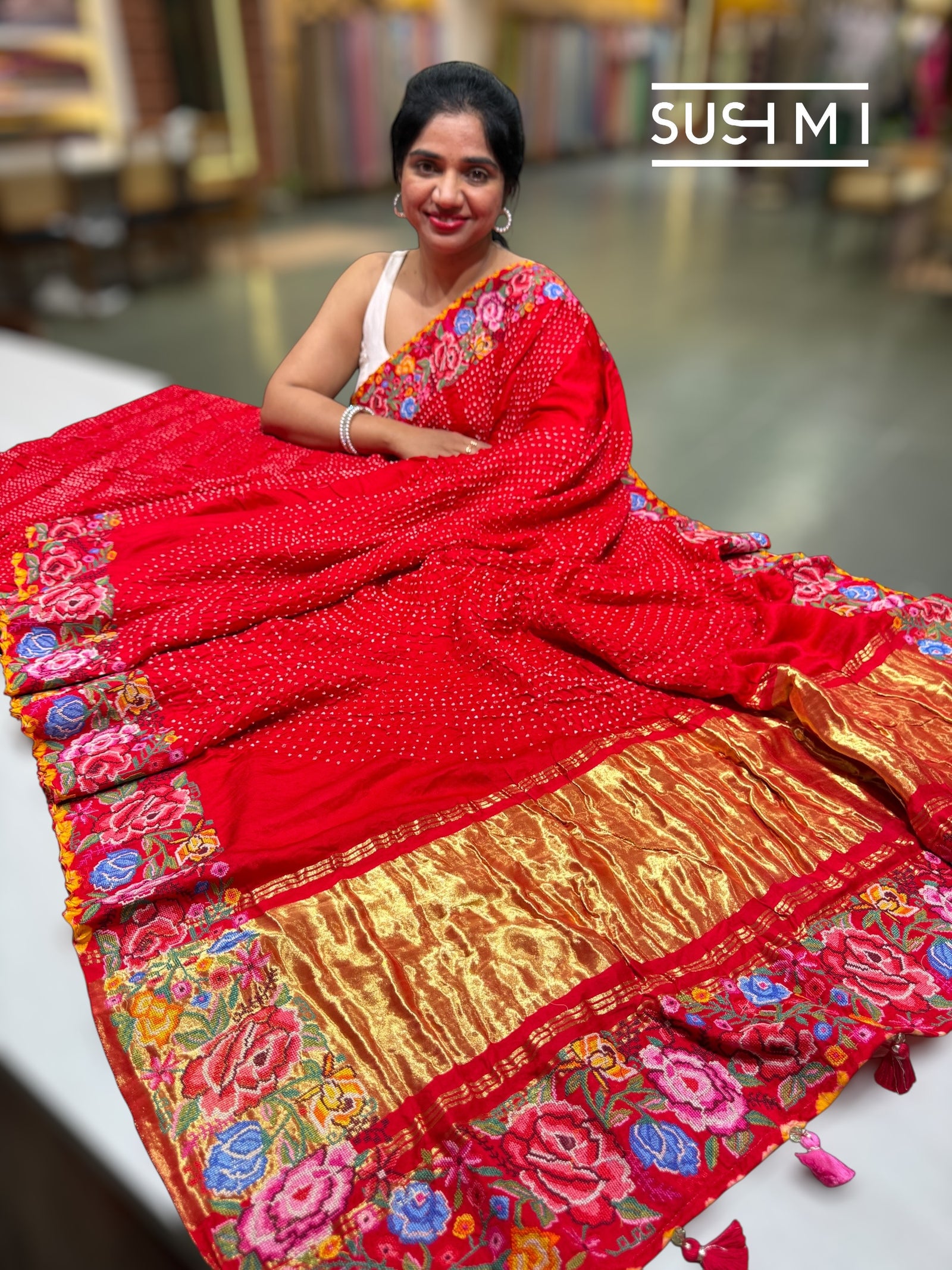 Chilli Red Pure Gajji Silk Rai bandhej Saree with petite point embroidery : SM082