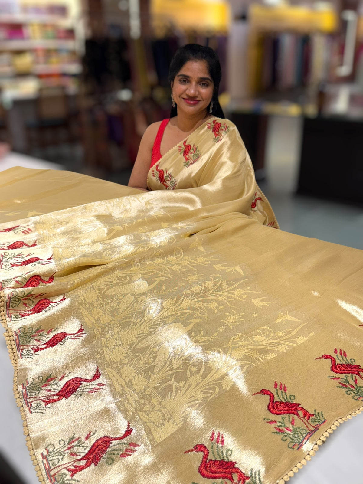 Pastel yellow Banarasi Brocade tissue saree with tonchui style weaving &amp; petite point embroidered swan border