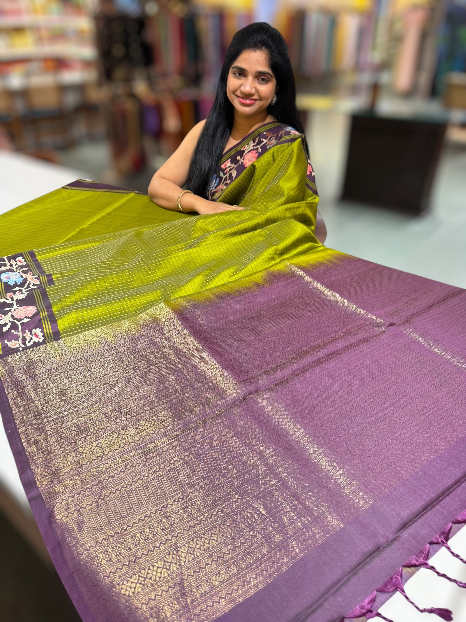 Leaf Green & Grape Wine Combo Vintage Kanchi soft silk saree with embroidery