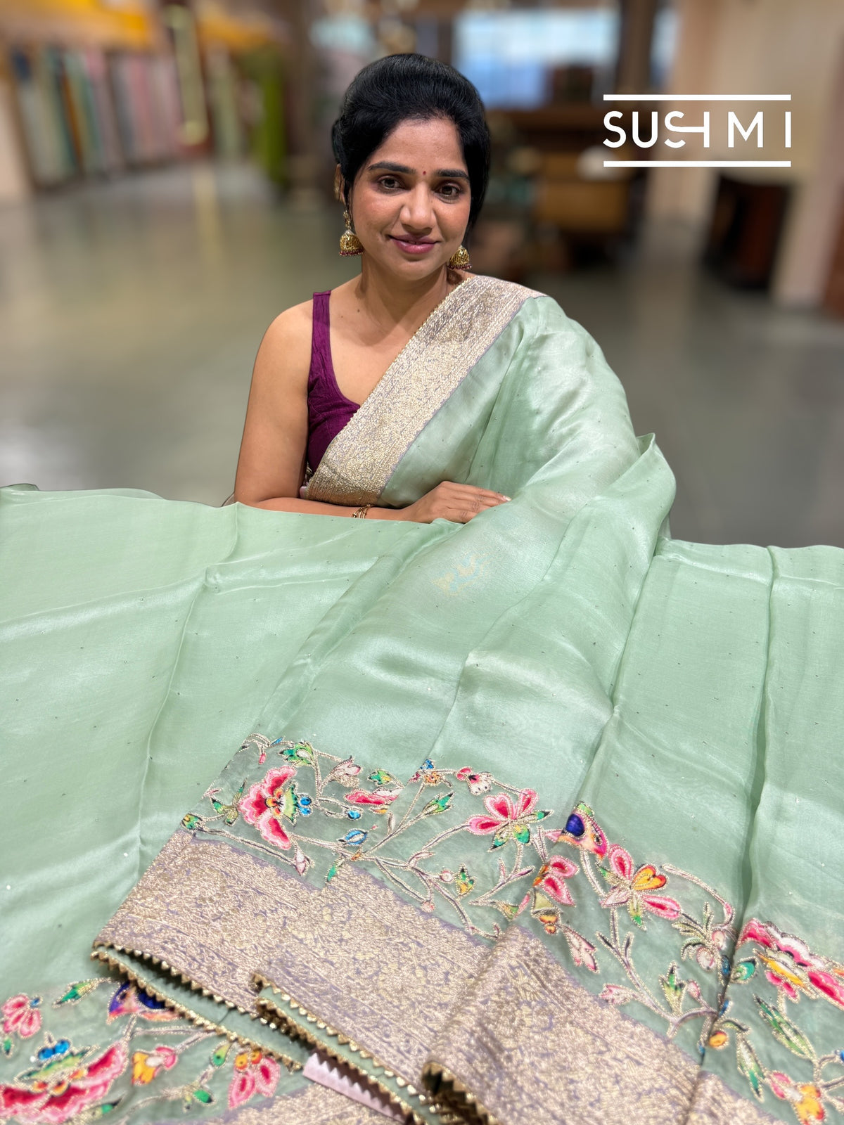 Mint Organza Banarasi Fusion Saree with Bird Appliqué : SM021
