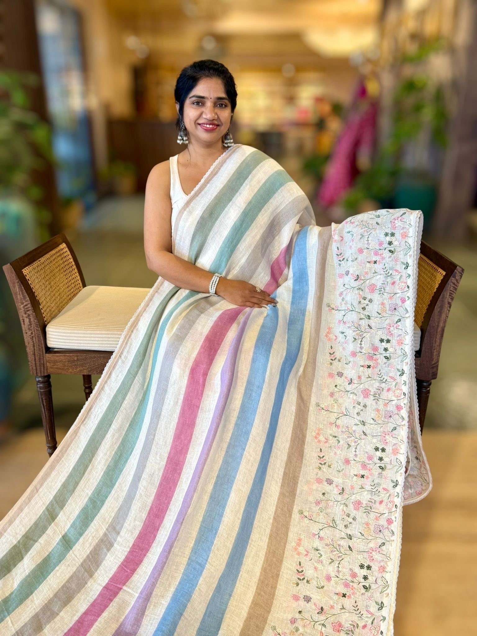 Lenin Saree with Multi Colors stripes and Embroidered Border