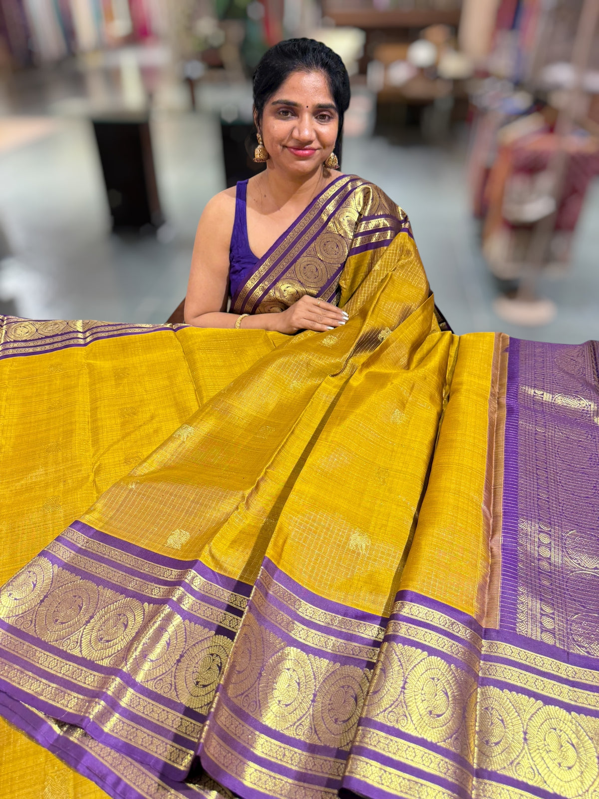 Mustard olive & Brinjal Combo Kanchipuram Vintage checks Saree