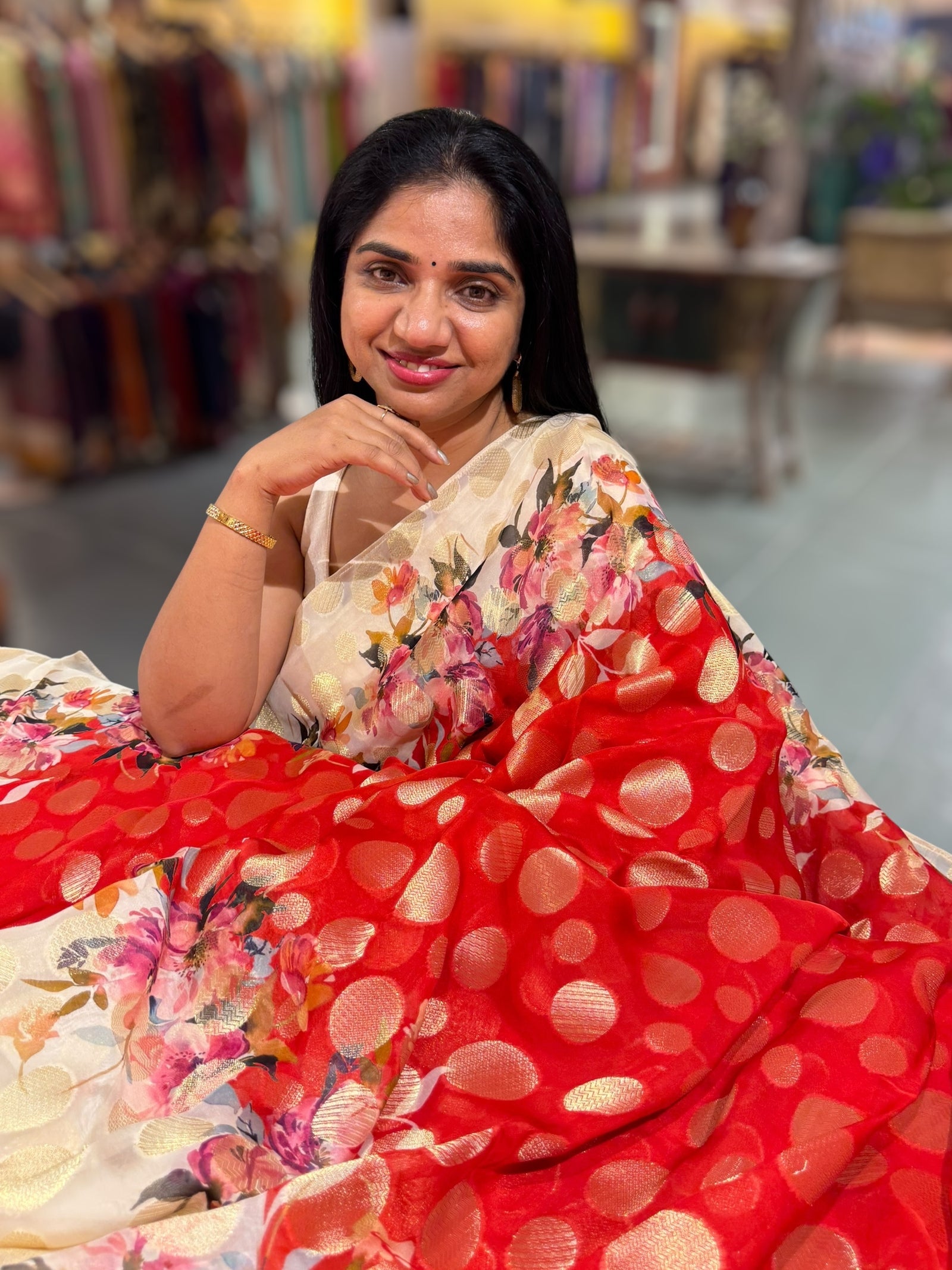 Orangish Red Banarasi Kora Gorgette Polka dot Printed Saree